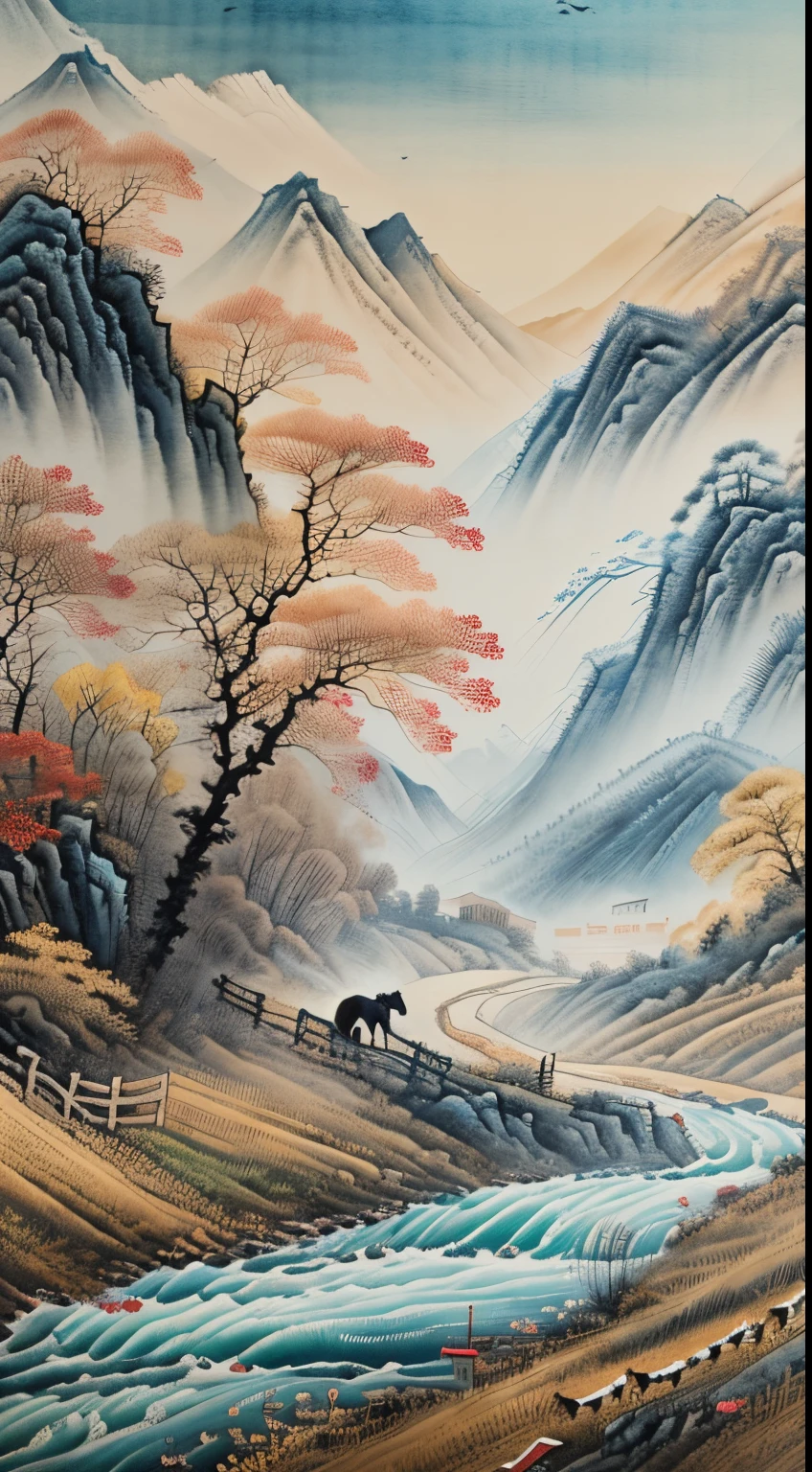 Xu Beihong traditional Chinese painting,Ink painting and watercolor,(Horse running in the field:1.2),(Detail painting of two horses,中景 the scene is),late autumn,fallen leaves scattered,Rushing rivers,The distant view is of rolling mountains and water.,sketch,(8k wallpaper),(Xu Beihong'Painting level),(tmasterpiece)