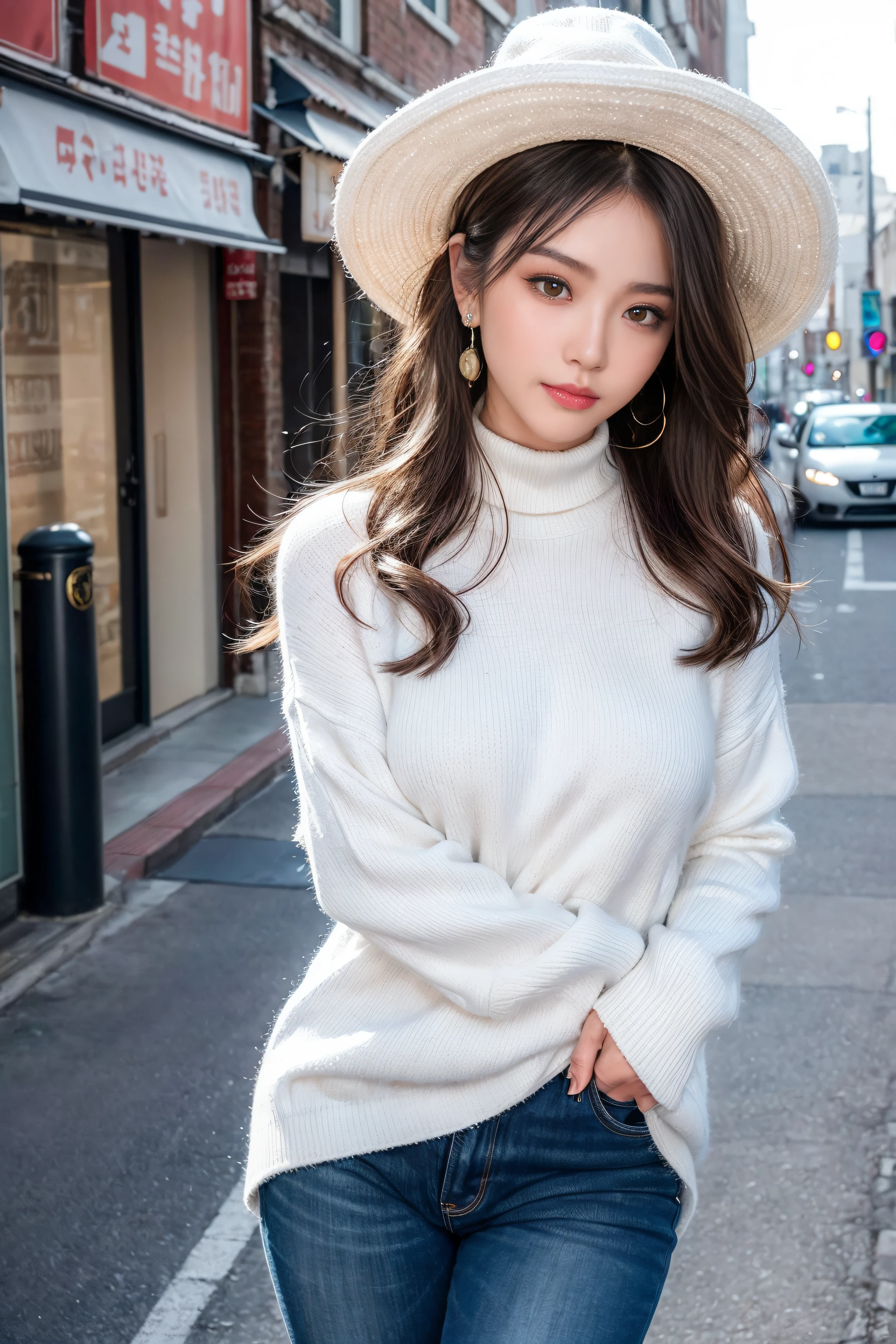 A very beautiful Asian girl,Alone,Mature girl,Alone on the street,White turtleneck long-sleeved sweater,denim short,Black glossy ocean hat(An extremely delicate and beautiful work:1.2)Supermodel figure,supermodel height,A very beautiful girl,Perfect body example,slim toned body,Tight body shape,plumw,Perfect body curves,dermal,Skin texture is clear and delicate(Advanced skin details:1.1)Korean idol’s perfect face,A bright and beautiful smile,Long blonde hair,Light blonde wavy hair,Clear and fine hair texture(Quality hair details:1.1),exquisite eye makeup,Refined eye detailing,Blue pupil(Advanced eye detail:1.1)Best example of four fingers and a thumb,Feet with perfectly proportioned thighs and calves(jade foot)Wear earrings,choker necklace,bangle,Sweater series,Jeans series,Photographic works,BestWorks,Best quality,Super refined,extremely high resolution,Shot by one person