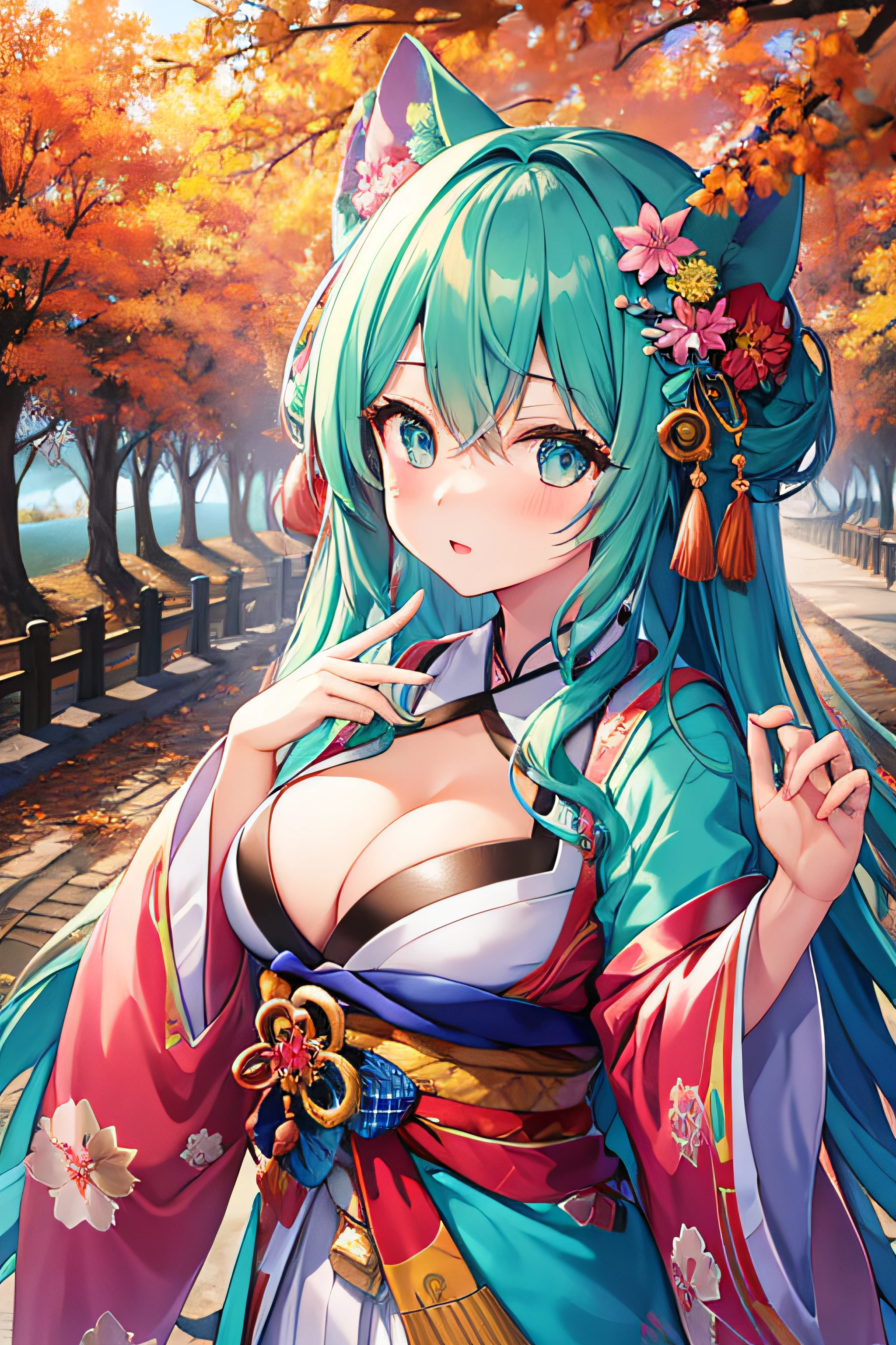 masterpiece、Top image quality、超A high resolution、miku hatsune、blue hairs、Twin-tailed、Blushing、Cute and shy、Kimono、firm breasts、well-shaped breasts、kyoto、Japan、during daytime、Autumn leaves、Autumn