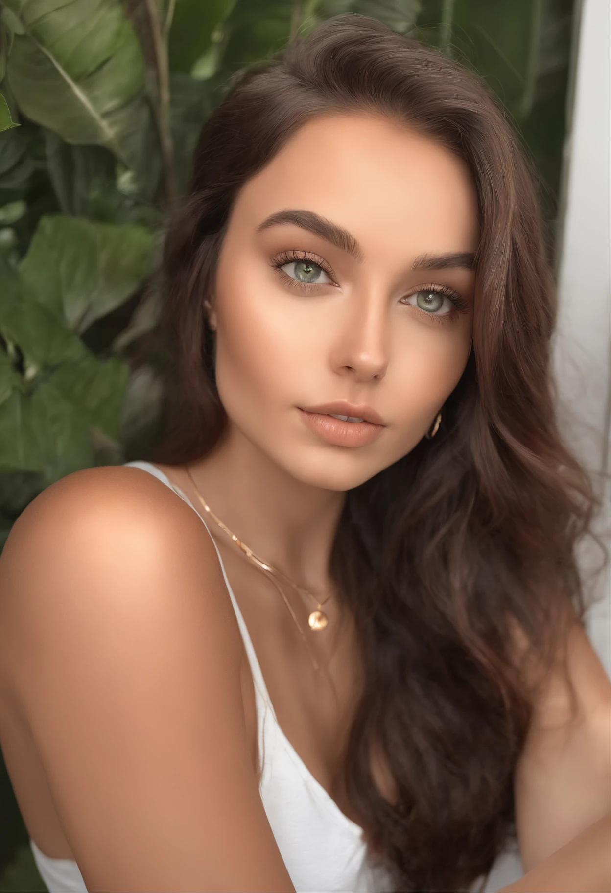 Arafed woman in white T-shirt and necklace, with green eyes, portrait sophie mudd, brown hair and large eyes, selfie of a young woman, bedroom eyes, violet myers, no makeup, natural makeup, looking straight at camera, face with artgram, fine makeup, Stunning full-length shot, Piercing green eyes, beautiful angle, attractive pose, Sweet girl, sexy pose, full length image, full - body, shooting full body, Brunette goddess, high detail, Satisfied posture, leather pants