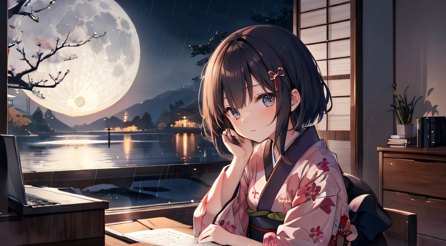 home, study, night, rain, girl long chestnut hair, sleeing, desk, computer, warm, chill, relax, high res, ultrasharp, 8k, masterpiece, kimono girl sit, black short hair, lake, moon, reflection, japan