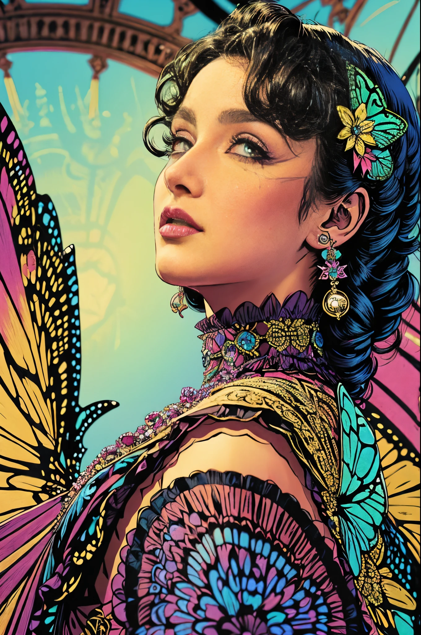 Butterfly motif、magenta undertone、Vibrant colors、((masterpiece)))、(((top-quality)))、((ultra-detailliert))、(A hyper-realistic)、(highly detailed CGillustration)、Official art、Luxembourg in the early 20th century、Decadent、Madame Papillon、Cool Beauty、Masquerade、sophisticated menegance、Gorgeous、Colorful and detailed mask design、matchless beauty、Fans、gorgeous dress、jewely、Female Solo、Perfect Angle、perfect-composition