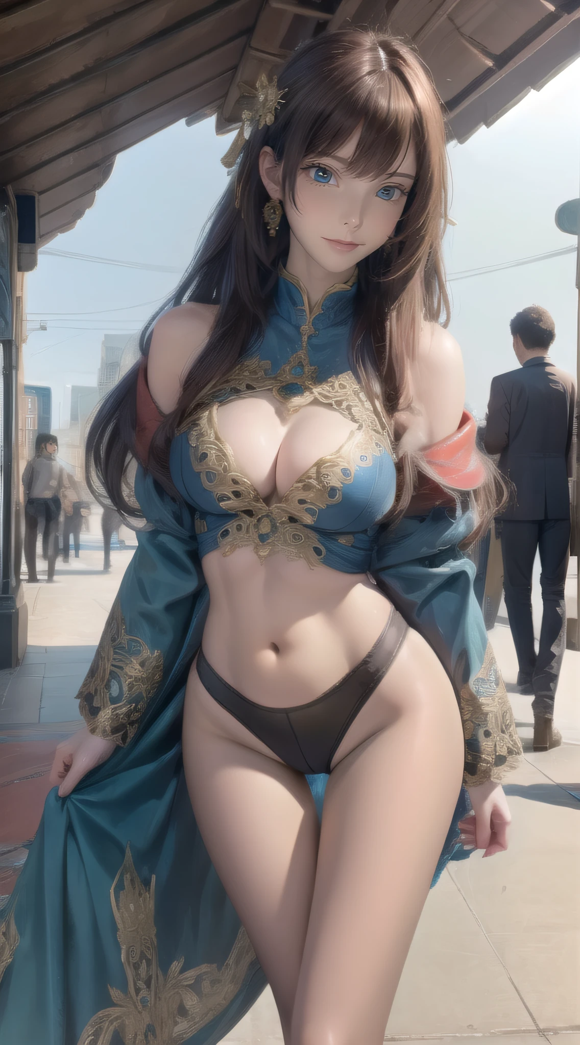 (Cinematic scene,Fantasy Art,Highest image quality,hyperrealistic portrait,(8K),Ultra-realistic,Best Quality,High quality,High Definition,high quality texture,high detailing,Beautiful detailed,fine detailed,extremely details CG,Detailed texture,realistic representation of face,masutepiece,presence,Dynamic,Bold),1gir,Ultra detailed skin,Curve,Petite,Beautiful breasts,Large breasts,pale skin,pointed breast,Erect nipples,(Thin hair),(Soft hair),(ultra straight hair),Swept long bangs,very light coppery amber hair,Hair over one eye