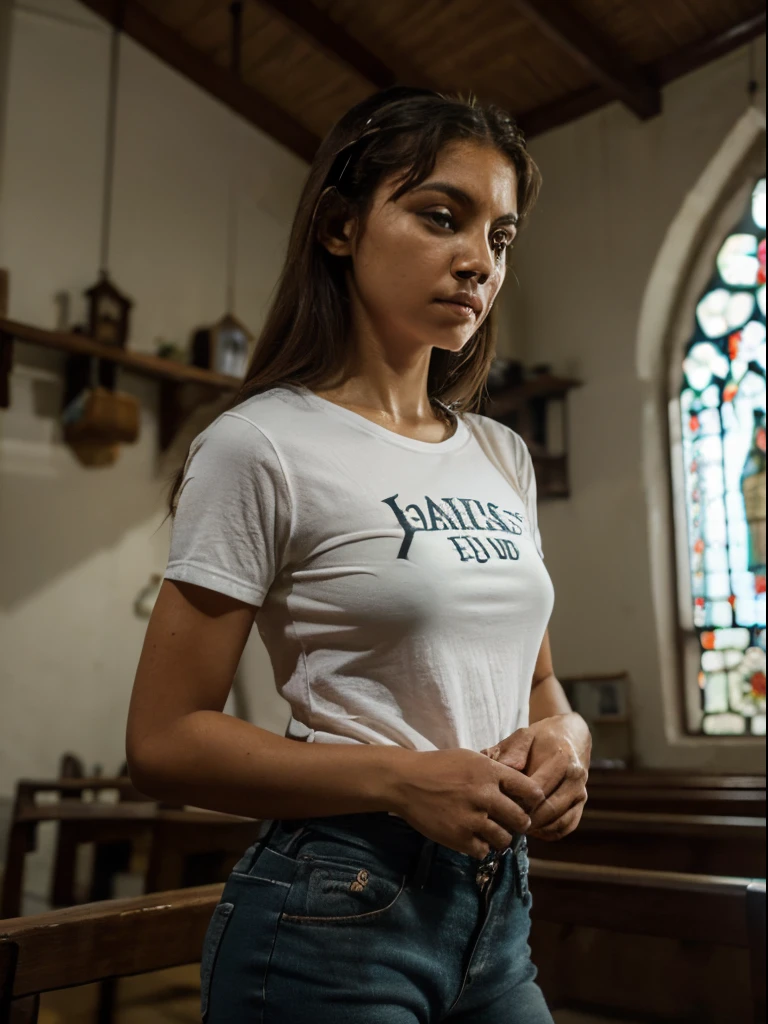 Uma garota rezando em uma igreja negra em sua camisa diz (A casa do pai) there is nothing around, apenas alguns vasos de flores