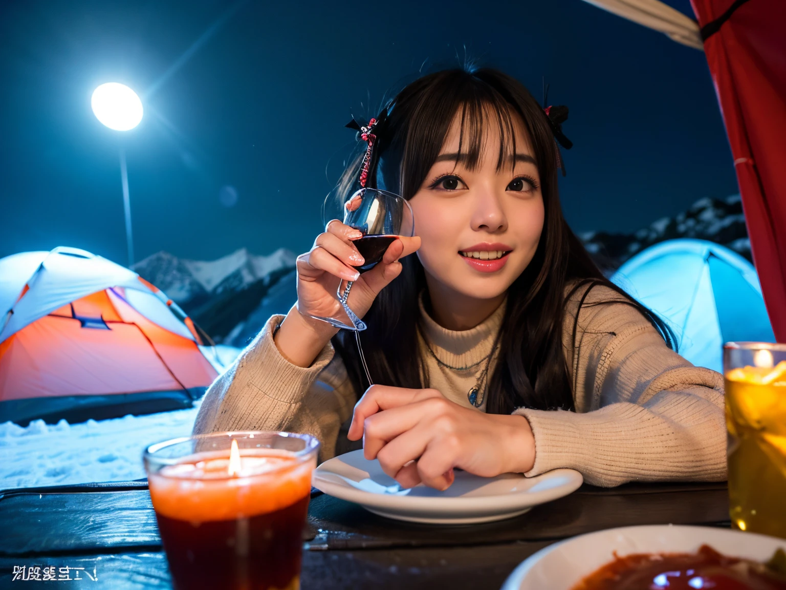 Best-quality, Masterpiece, Ultra-High-Resolution, (Photorealistic:1.4), Raw-Photo, Extremely-Details, Perfect-Anatomy,
at midnight on beautiful full moon,
many young girls having a lot of fun at tent camping in winter snowy mountains, All members of most popular Japanese idol groups, Detailed winter snowy mountains, Detailed tent camping situation,
All sitting on camping chairs, All drinking cocktails, All completely drunk, Detailed camping chairs, Detailed hip flasks,
(((All extremely cute and drunk faces like a most famous Japanese idol, All extremely beautiful very big black solid circle eyes, All detailed cute and drunk faces like a most famous Japanese idol, All detailed beautiful very big black solid circle eyes)))