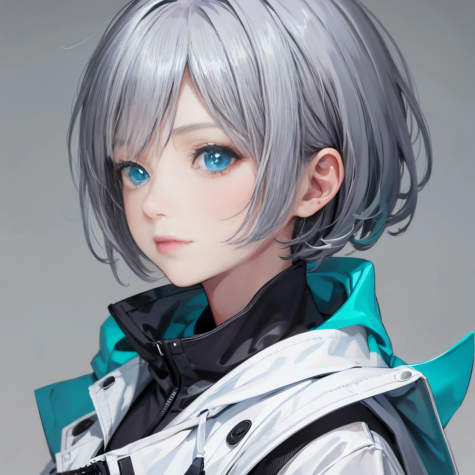 (masutepiece:1.2, Best Quality),  [1 girl in, expressioness, Turquoise eyes, slate gray hair, half short hair,White jacket,Jacket is taken off, ] (Gray white background:1.7),