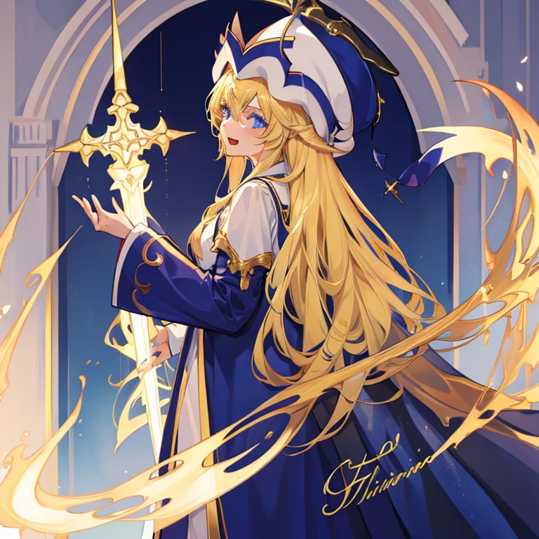 cinematic lighting, 8K, masterpiece, 1 girl, leopard, (tail:1.3), blonde hair, long hair, blue eyes, (white priest clothes:1.2), tall hat, holding wand, standing, open mouth, smile, hand sign, from side, look at viewer