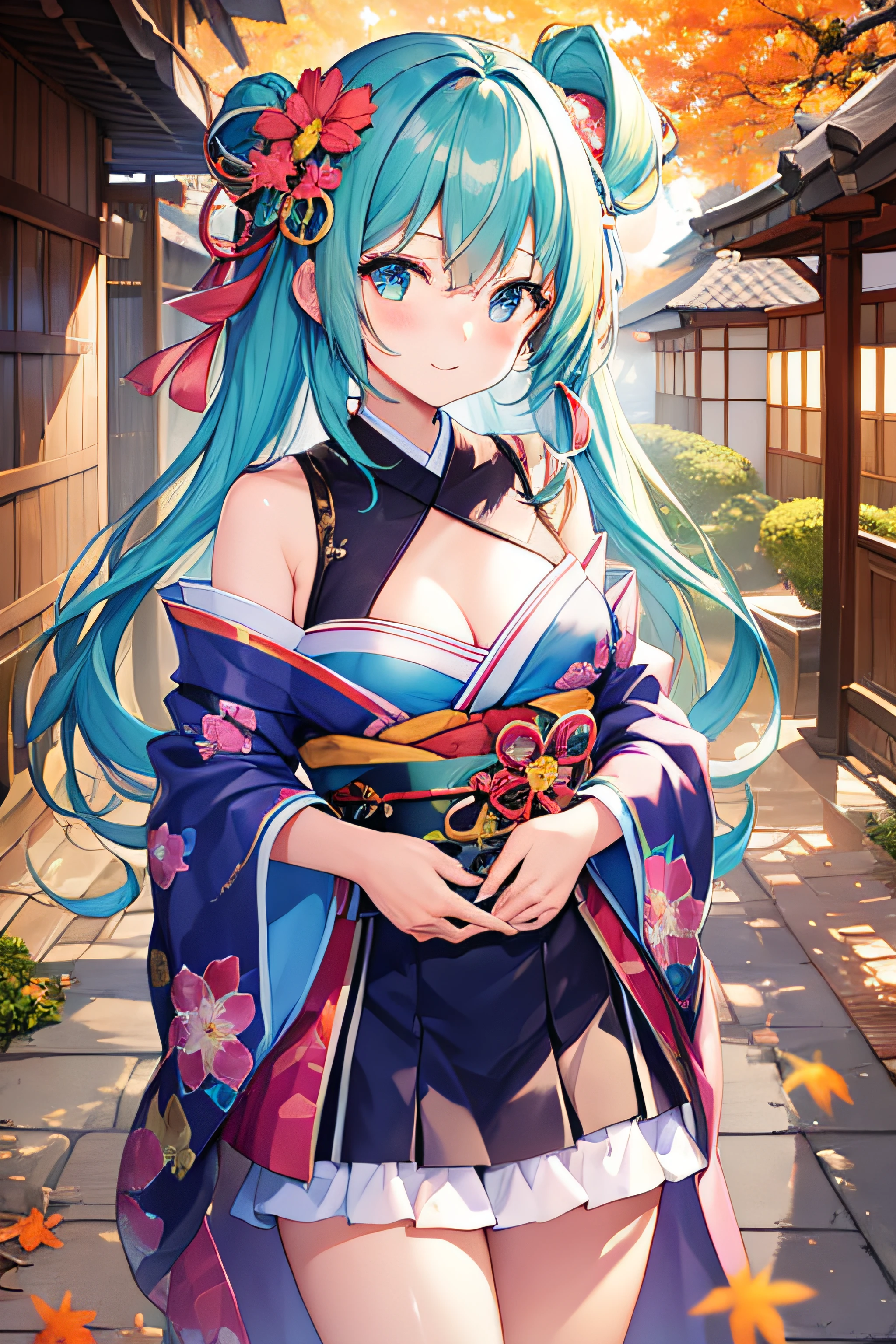 ​masterpiece、Top image quality、超A high resolution、miku hatsune、blue hairs、Twin-tailed、Blushing、Cute and shy、Kimono、firm breasts、well-shaped breasts、kyoto、Japan、during daytime、Autumn leaves、Autumn