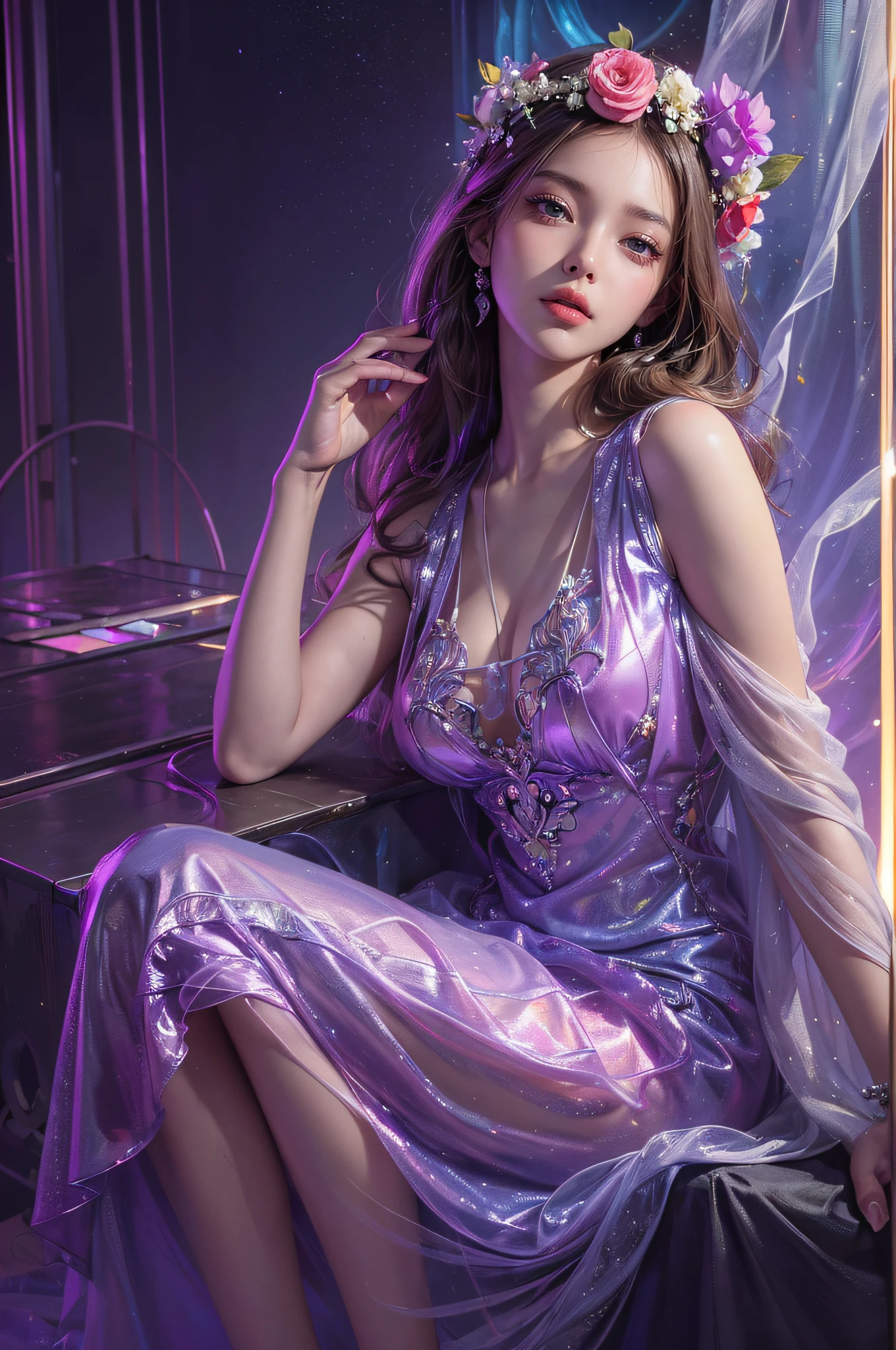 (Color photo of a mysterious beauty),(extremely delicate and beautiful work:1.2), Sitting in the Light of God,((From above)), (sit pose), with neon lights, grand background, Silver dress,(she is the embodiment of beauty and charm, Her clothes are as soft and light as air.,) high-heels, flowercrown, starryskybackground, gentle and mysterious expression, High color saturation, surrealism , (Best Quality, masutepiece, ultra-detailliert, 超A high resolution, Photorealistic, Raw photo, absurderes, absolutely resolution:1.4),
