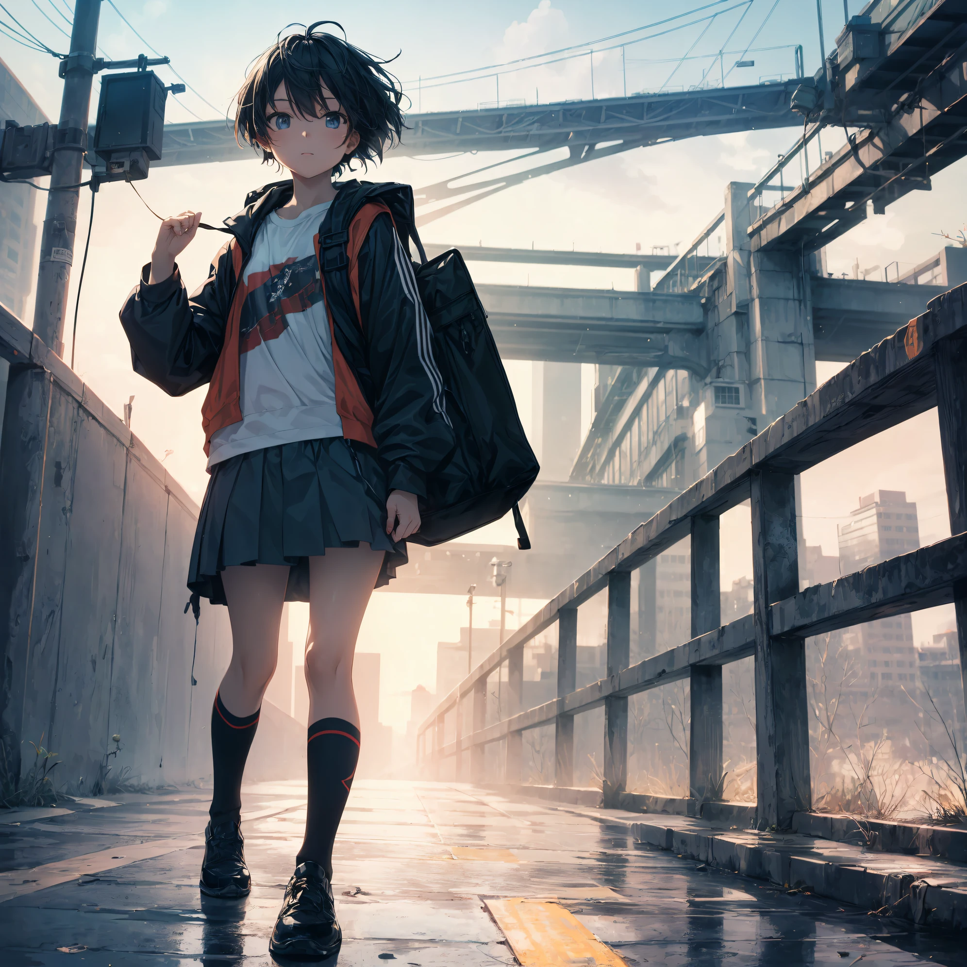 A black-haired girl with a backpack is standing in front of the door., Anime Style 4k, Anime wallpapers in 4K, Kantai Collection Style, Anime Art Wallpapers in 8K, anime moe art style, anime art wallpaper 4k, anime art wallpaper 4k, Anime Wallpapers in 4K, Anime Wallpapers in 4K, BREAK,1girl in, (Solo,Lori,,13yea:1.3),a junior gynous attraction, Full limbs, complete fingers, flat chest, Small butt, BREAK,(Best Quality, 4K, 8K, hight resolution, masutepiece:1.2), Ultra-detailed, (Realistic, Photorealistic, Photorealsitic:1.37), nffsw, nffsw, Studio Lighting, Ultra-fine painting, Sharp Focus, Physically-based rendering, extreme detail description, Professional, Vivid colors, Bokeh, Portraits, anime lighting, Warm colors, Soft lighting.
