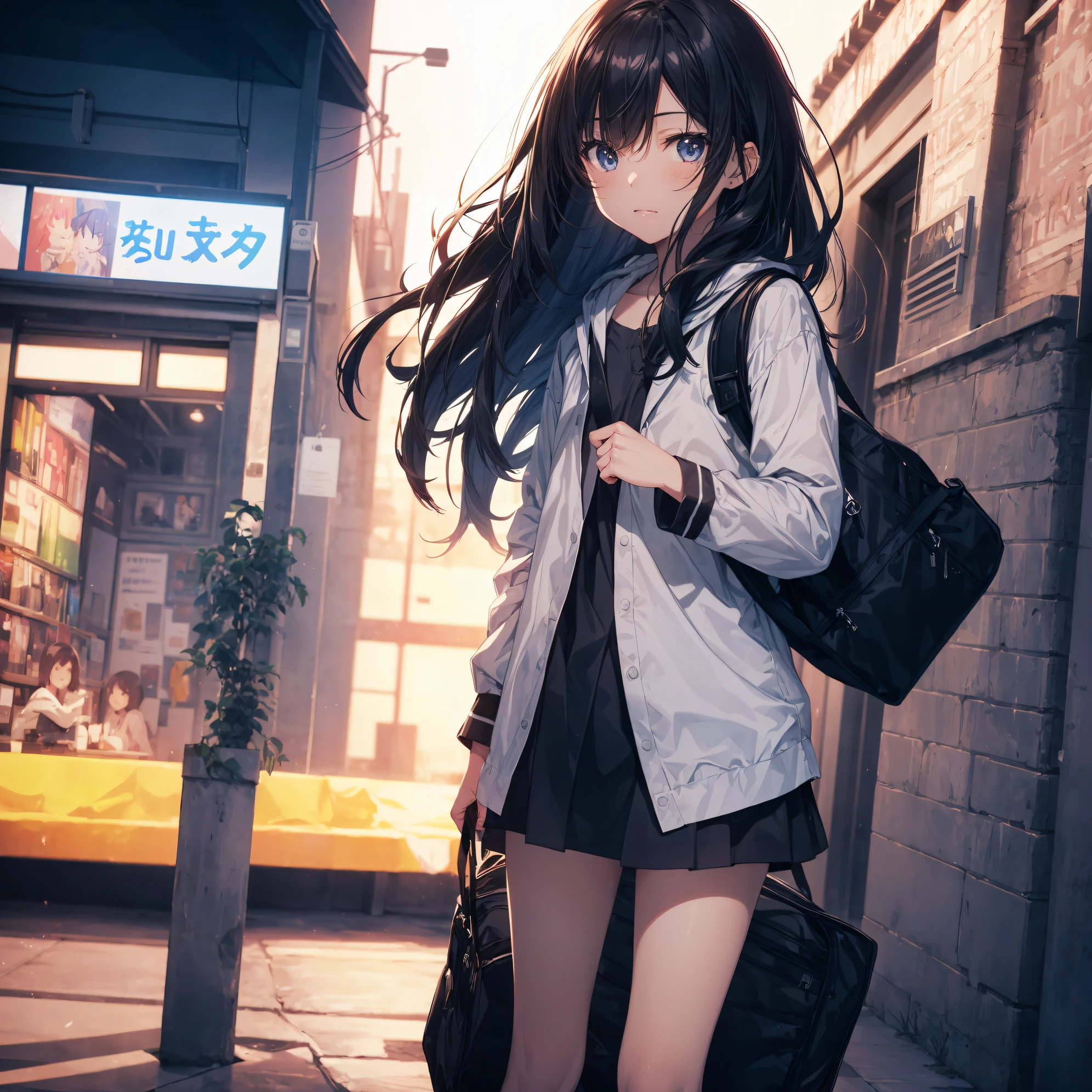 A black-haired girl with a backpack is standing in front of the door., Anime Style 4k, Anime wallpapers in 4K, Kantai Collection Style, Anime Art Wallpapers in 8K, anime moe art style, anime art wallpaper 4k, anime art wallpaper 4k, Anime Wallpapers in 4K, Anime Wallpapers in 4K, BREAK,1girl in, (Solo,Lori,child,13years:1.3),a junior high school student, Androgynous attraction, Full limbs, complete fingers, flat chest, Small butt, BREAK,(Best Quality, 4K, 8K, hight resolution, masutepiece:1.2), Ultra-detailed, (Realistic, Photorealistic, Photorealsitic:1.37), nffsw, nffsw, Studio Lighting, Ultra-fine painting, Sharp Focus, Physically-based rendering, extreme detail description, Professional, Vivid colors, Bokeh, Portraits, anime lighting, Warm colors, Soft lighting.