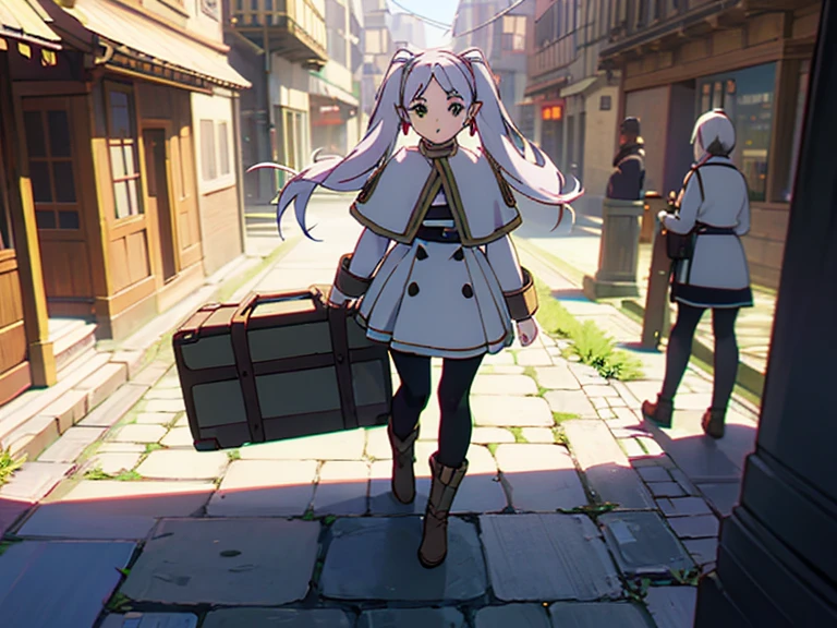 nffsw, Twin-tailed, 1girl in, pointy ear, Round face,White hair, Green eyes, elf, pantyhose, Long hair, earrings, Black pantyhose, white capelet, Long sleeves, Dress,Anime girl wearing a skirt and boots walking through the streets of Europe, Has a large leather attaché case、Si Tao&#39;Portrait of, Pixiv Contest Winner, concept-art, Anime girl walking in the city, Official Character Art, Anime Loli, Stylized anime, Anime visuals of cute girls, making:Anime Painter Studio,nffsw,4K,ighly detailed