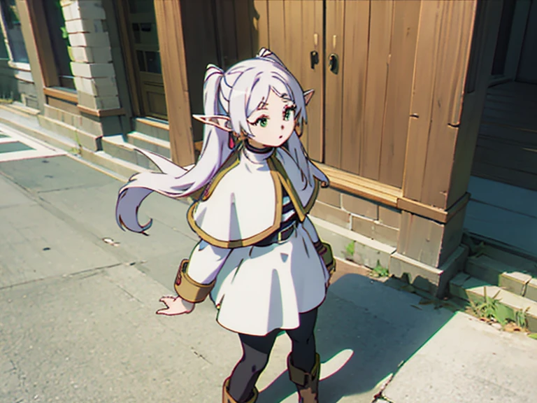 nffsw, Twin-tailed, 1girl in, pointy ear, Round face,White hair, Green eyes, elf, pantyhose, Long hair, earrings, Black pantyhose, white capelet, Long sleeves, Dress,Anime girl wearing a skirt and boots walking through the streets of Europe, Has a large leather attaché case、Si Tao'Portrait of, Pixiv Contest Winner, concept-art, Anime girl walking in the city, Official Character Art, Anime Loli, Stylized anime, Anime visuals of cute girls, making:Anime Painter Studio,nffsw,4K,ighly detailed