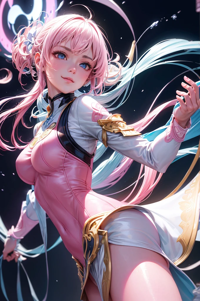 Close Up High Color Painting Fantasy Sketch Imagination Drawing Art T-shirt (((White background only) (white background only))), Crazy Detail, intricate detailes, very smooth details, Cinematic lighting, exposure blend, nffsw, Saturated colors, 8K,Saturated colors, 8K,Japanese female android in her mid-twenties made of glossy white and silver translucent glass and plastic with geisha makeup and hairstyle, Silver metal internal body mechanism, Dynamic Pose, Flowing organic structure, Glowing golden circuit, Colorful neon trim, Luminous circuit, neon trim, Depth-of-field focus f/2.8, ulzzang -6500-v1.1,(Raw photo:1.2),((Photorealistic:1.4)),Best Quality ,masutepiece, Illustration, extremely delicate and beautiful, Extremely detailed ,nffsw ,Unity ,8K Wallpaper, amazing, finely detail, Official art,Highly detailed ticker Unity 8k wallpaper,absurderes, unbelievable Ridiculous, huge filesize, Ultra-detailed, hight resolution, Beautiful detailed girl, extremely detailed eye and face, Beautiful detailed eyes,Light on Face,Cinematic lighting,((extremely pink tight suit clothing)),1girl in,Full body,FULL BODYSHOT,Looking at Viewer,((Light pink hair)), (Smile),