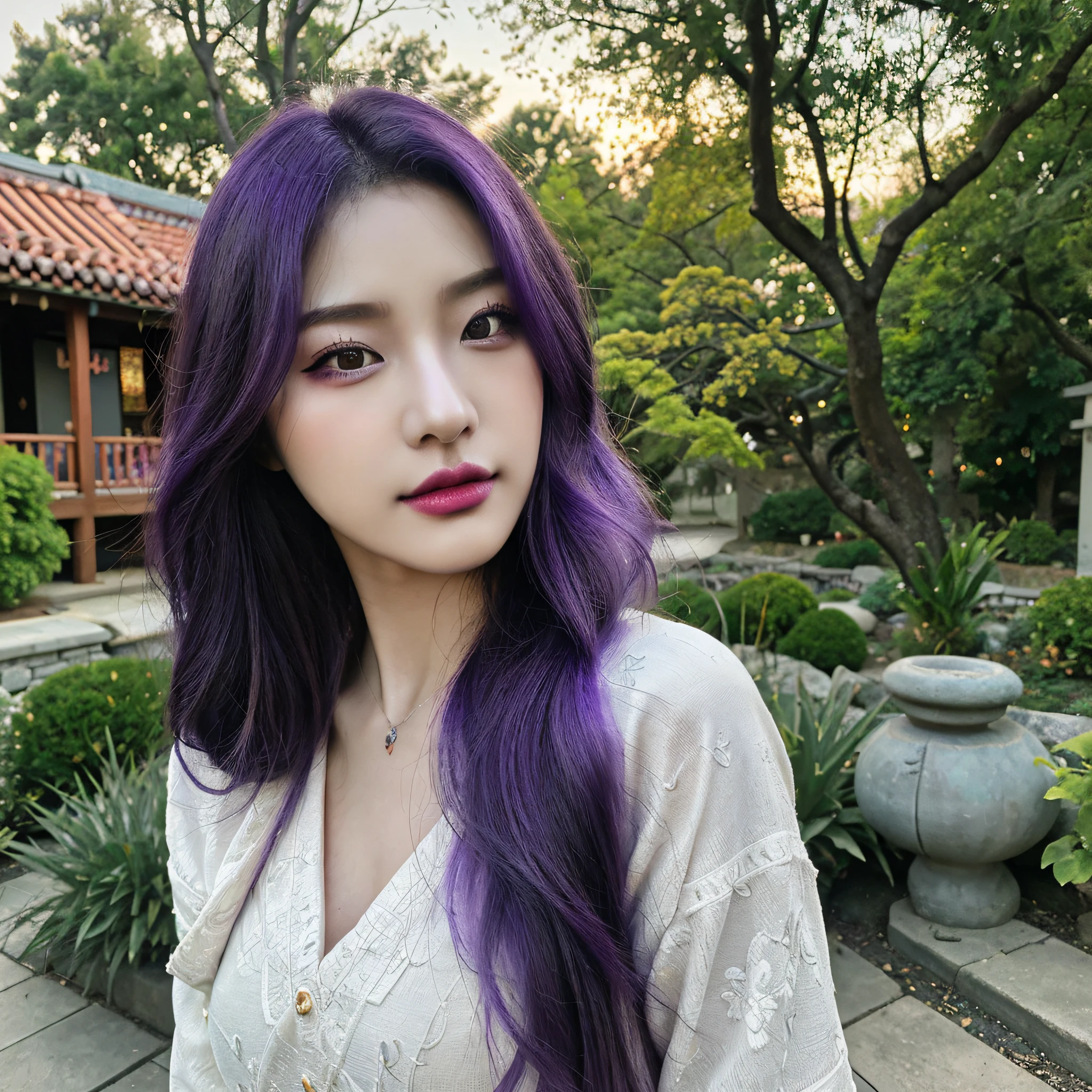 (best quality,4k,8k,highres,masterpiece:1.2),ultra-detailed,(realistic,photorealistic,photo-realistic:1.37),beautiful detailed eyes,beautiful detailed lips,extremely detailed eyes and face,longeyelashes,one girl,instagram post,fashionable outfit,warm scenery,soft natural light,medium:illustration,toned body,yoga pose,fit and healthy physique,purple hair flowing in the wind,sultry and confident expression,South Korean heritage,bright and vibrant colors,peaceful garden background,serene atmosphere,graceful and alluring,attractive and charming,together creating a mesmerizing portrait.