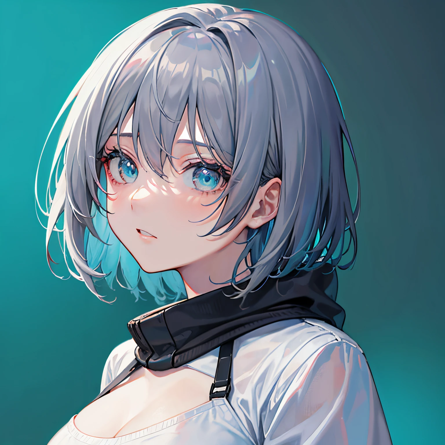 (masutepiece:1.2, Best Quality),  [1 girl in, expressioness, Turquoise eyes, Slate-gray hair, half short cut hair,White Jacket,jacket comes off, ] (Gray white background:1.7),