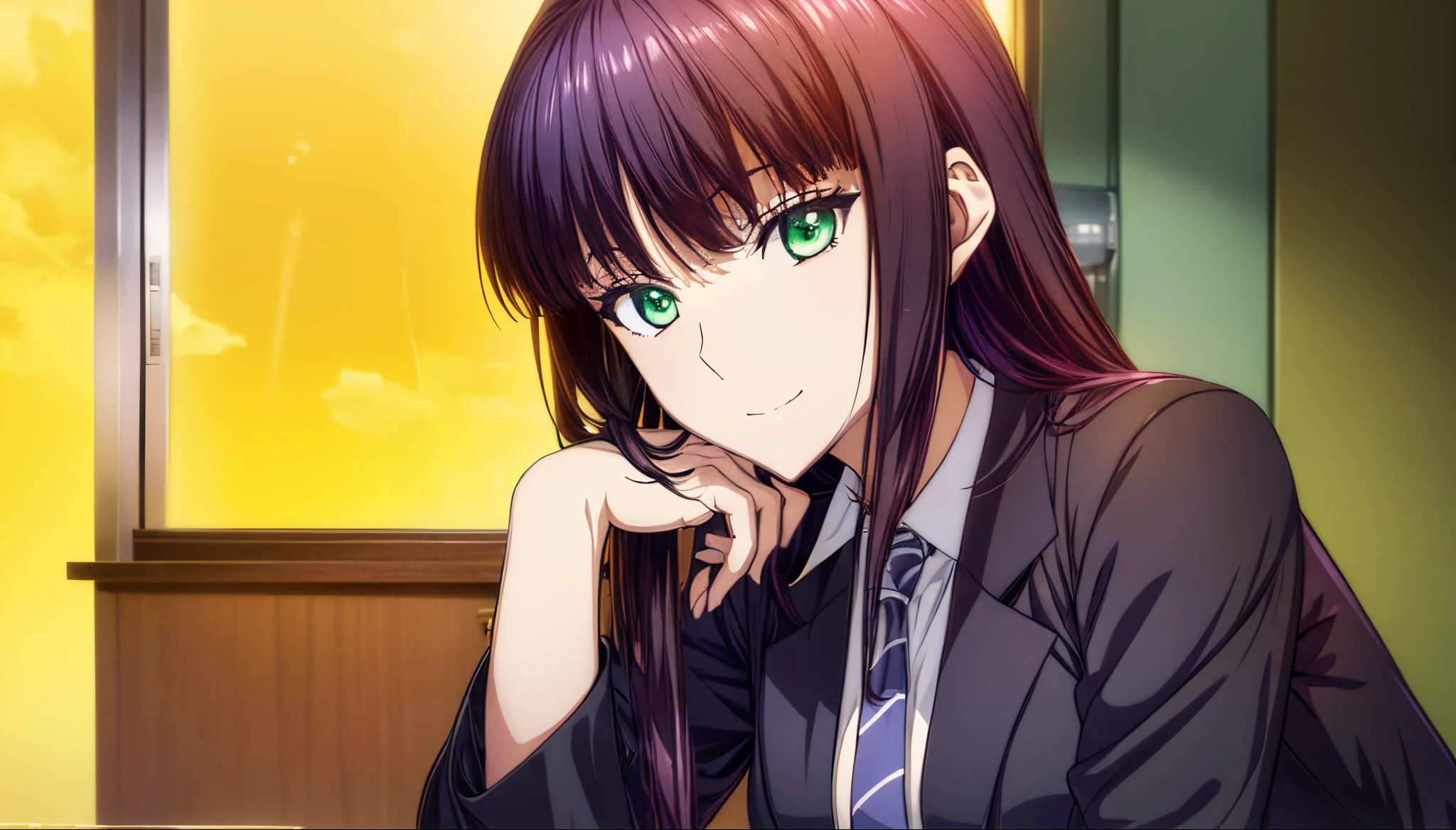 beautiful anime high school girl,Seductive Anime Girl, anime visual of a young woman, Anime Best Girl, anime girl with long hair and green eyes,, Seductive Anime Girl, UHD,hiquality,Connect ticker and 8K, hight resolution,Very detailed CG, High quality shadows, Detail Beautiful delicate face, Detail Beautiful delicate eyes,BREAK(Highly detailed 8k wallpapers),(Highly detailed CG 8K wallpaper),Makima (chain saw man),Sukasaha (Fate/grand order),Shimohira Reihua ,Hi-Res,Very delicate and beautiful CG illustration,top-quality,beautiful thigh,big breasts thin waist,(((masutepiece))), (((Best Quality))),8K,32K,​masterpiece,beautiful alluring anime woman,ultra-definition,ultra-detailliert,hight resolution,a hyperrealistic schoolgirl,masuter piece, Best Quality, High quality, High Definition, high quality texture, high quality shadow, high detailing,finely detail,A teenage girl,1girl in,High school students,Solo,Soio,Only one person,Alone,One Person,taki,Mature atmosphere,Leg length,neat and long legs,8 Head Body,stature:171cm,Mature girls,Reddish-purple hair,Reddish-purple hair,Purple hair,cassis colored hair,silky and smooth hair,Colorful hair,Straight hair,Smile,Cool Beauty,Beautuful Women,Neat face, Beautiful realism,Seductive look,Bewitching look,serene expressions,beautiful hairl,She wears a necklace around her neck,Necklace,bead necklace,magatama accessories,A slight smil,Colorful eyes,green colored eyes,Jade-colored eyes,beautidful eyes,Bright eye,Delicat eyes,Eyes Like Gems,Jade Eyes,Hanging eyes,(Green eyes:1.5),Seductive face,Watching the viewer,Model photo,simple background,Black hair, longeyelashes, lightsmile, Reddish-purple hair, cassis colored hair, Hairpin, lightsmile, Seductive smile, Jade-colored eyes, PUPILS SPARKLING, Hanging eyes, multicolored eyes, anime style, Hyperrealism, Realism, anime, 8k, super detail, ccurate, best quality, 16k, anatomically correct, ccurate, UHD, 16k, highres, best quality,　((White collared shirt)),Button shirt,neck tie,Red tie,校服,High school students,blazers,School Sweater,Dark grey sweater,plaid skirts,Hands folded behind your back,is standing,elegant look,during daytime,Sunlight,school buildings,hallway,is standing,Leaning against the wall,Put your hands behind your back,early evening,Sunset outside the window,After school,Watching the viewer,‎Classroom,school building school,after school