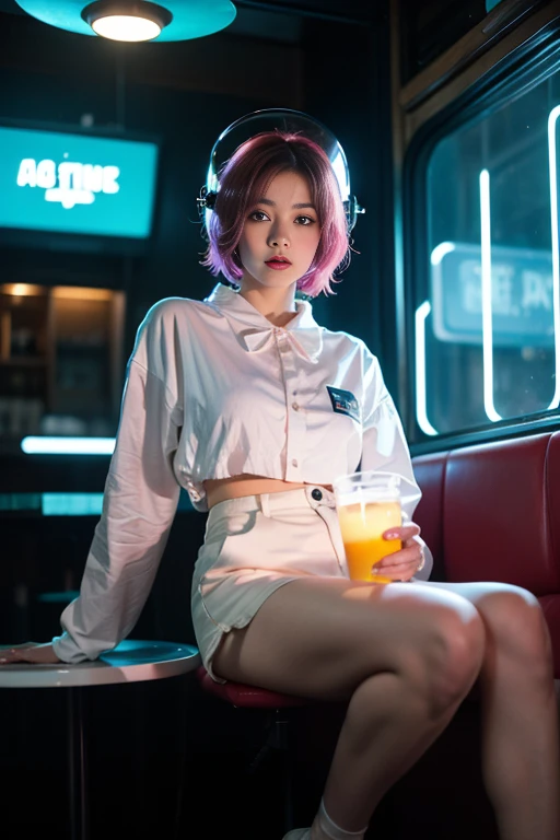 A photo of a young pretty, nerdy woman sitting in a cafe, wearing a white shirt and a bow, surrounded by a cozy lofi atmosphere, looking at the viewer. Short Pink Hair, Stunning Glow Lite Blue Eyes, Amazing beautiful shining hitech astropunk helmet with a big faceshield like an ultimate astronaut, cinematic lut colors, stunning masterpiece of photography, Traditional Cyberbodies, Realistic,DERPD, Science-Fiction, serie-b movie scene. blacklights fluorescent colors, neon-noir ascents, contrasting lsd colors, blue theme