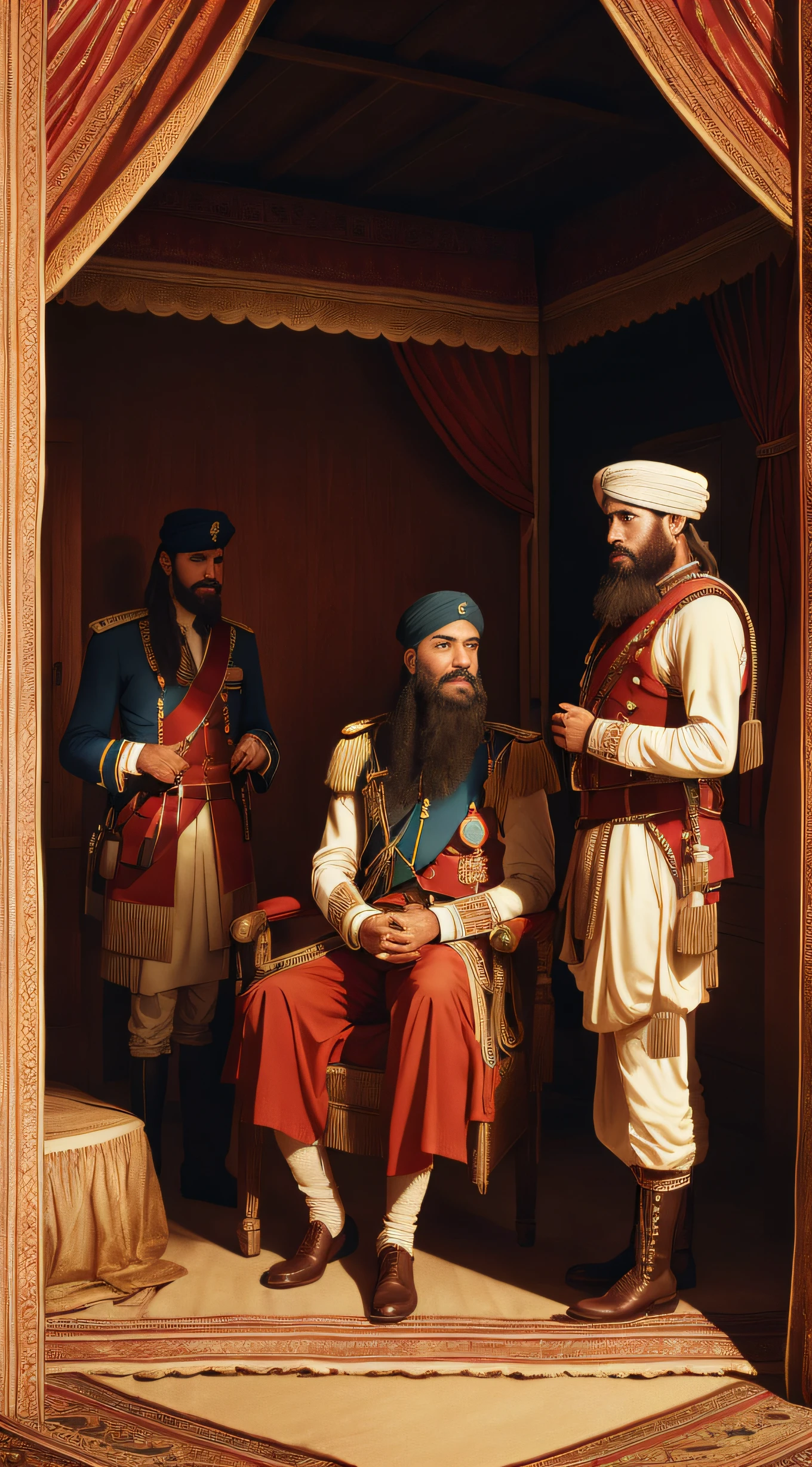 Mir Jafar discussing with british officers, black hair , commander in chief attire, face covered in beard but no moustace, looking at each other, OldindianAI, British era theme, sitting on chair, inside of a fort room,
dark chamber, dim light, (zentangle, mandala, tangle, entangle:0.5)
(35mmstyle:1.1), front, masterpiece, 1757s film, , cinematic lighting, (photorealistic:1.5), high frequency details, 35mm film, (film grain), film noise,