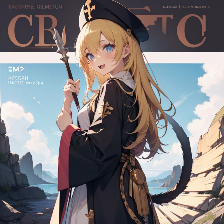 cinematic lighting, 8K, masterpiece, 1 girl, leopard, (tail:1.3), blonde hair, long hair, blue eyes, (white priest clothes:1.2), tall hat, holding wand, standing, open mouth, smile, hand sign, from side, look at viewer, magazine cover style