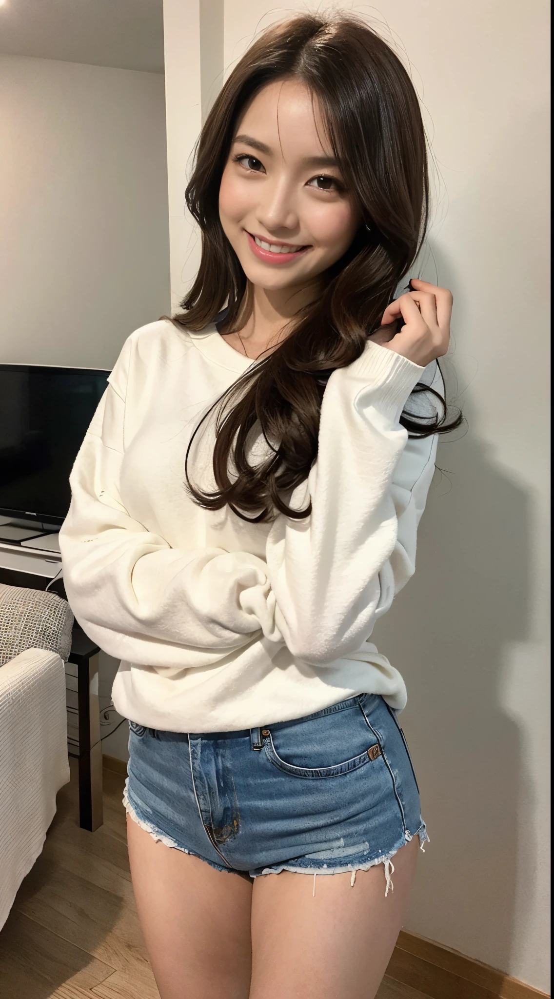 (((full bodyesbian)))、((A loose white sweatshirt))、((1a person))、Standing、sunlight、Close to the subject、(((Cute apartment room for girls)))、(((ssmile)))、(((Thighs are exposed)))、((Extraordinary Beauty))、((kawaii pose))、Photorealsitic、Beautiful detailed eyes、Hyper-Realism、highcontrast、Ultra HD、realistic skin textures、Top image quality、top-quality、超A high resolution、Fine details、Very meticulously