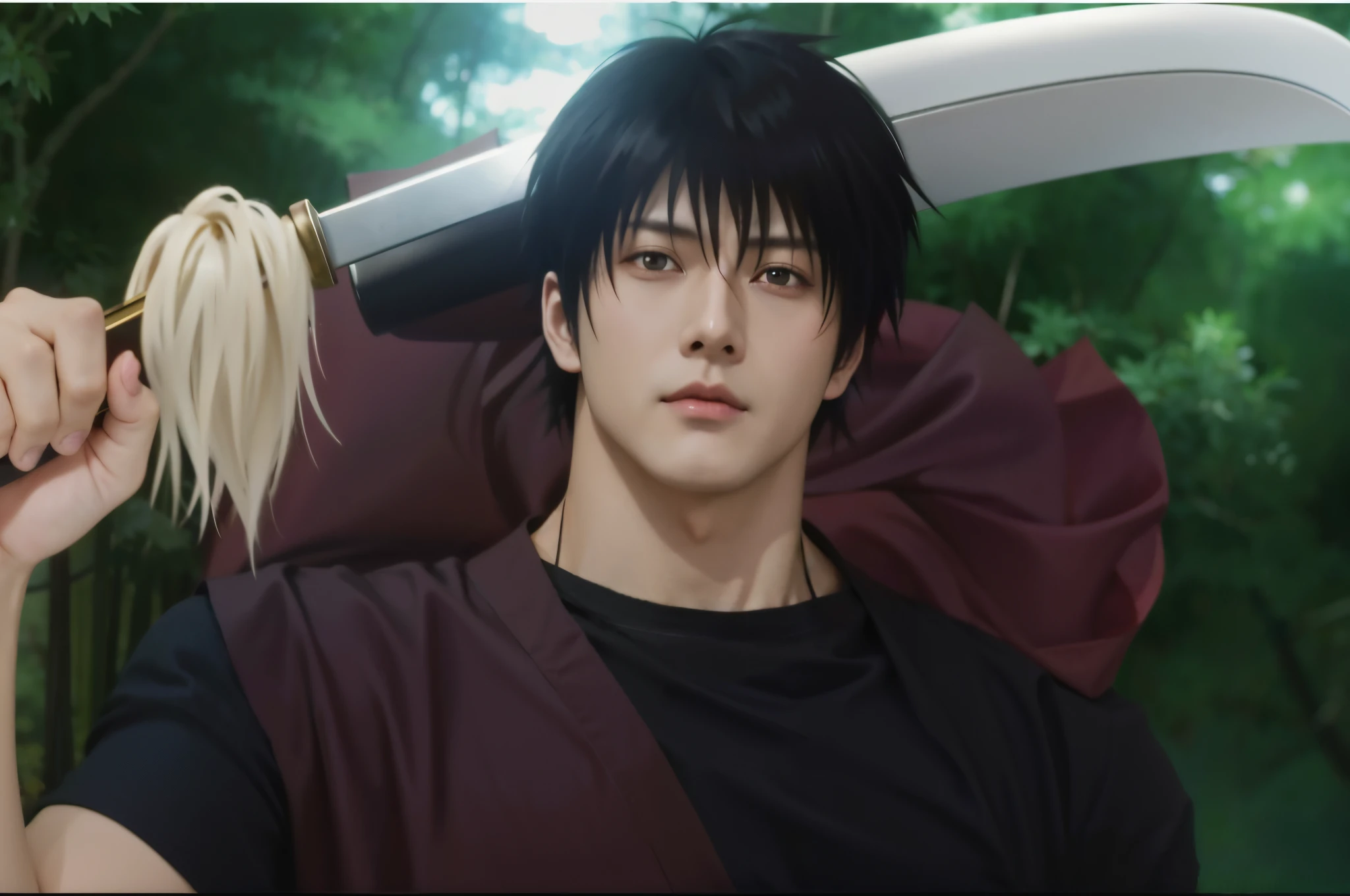 anime guy with a sword and a black shirt holding a white hair, hijikata toushirou of gintama, yasuke 5 0 0 px models, anime realism style, made with anime painter studio, realistic anime artstyle, painted in anime painter studio, anime handsome man, semirealistic anime style, realistic anime style at pixiv