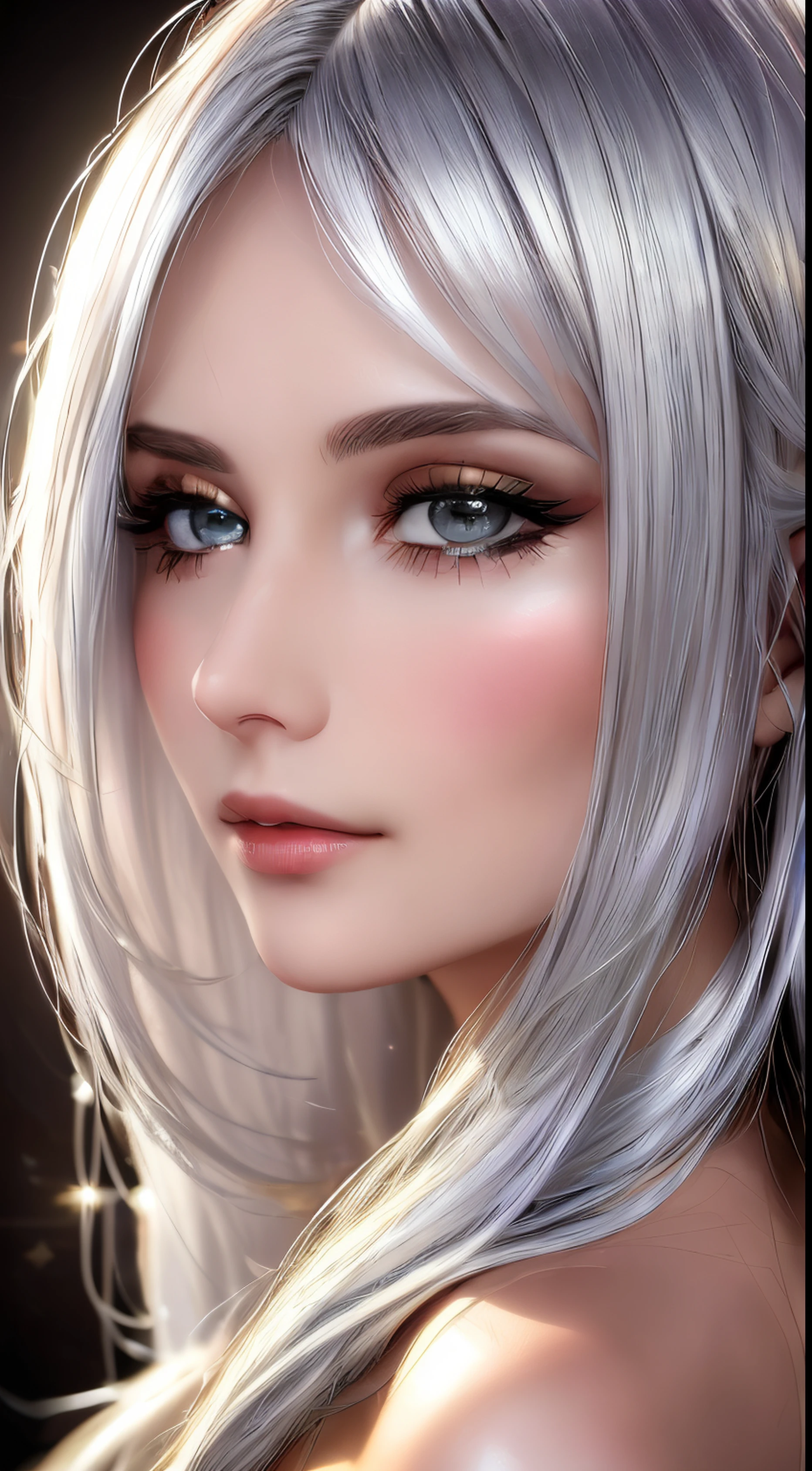 beautiful young girl with silver hair, with golden strands, a closeup of a,Lots of light,low key light, a closeup of a,a lot of details,Rhinestones,Alchemy