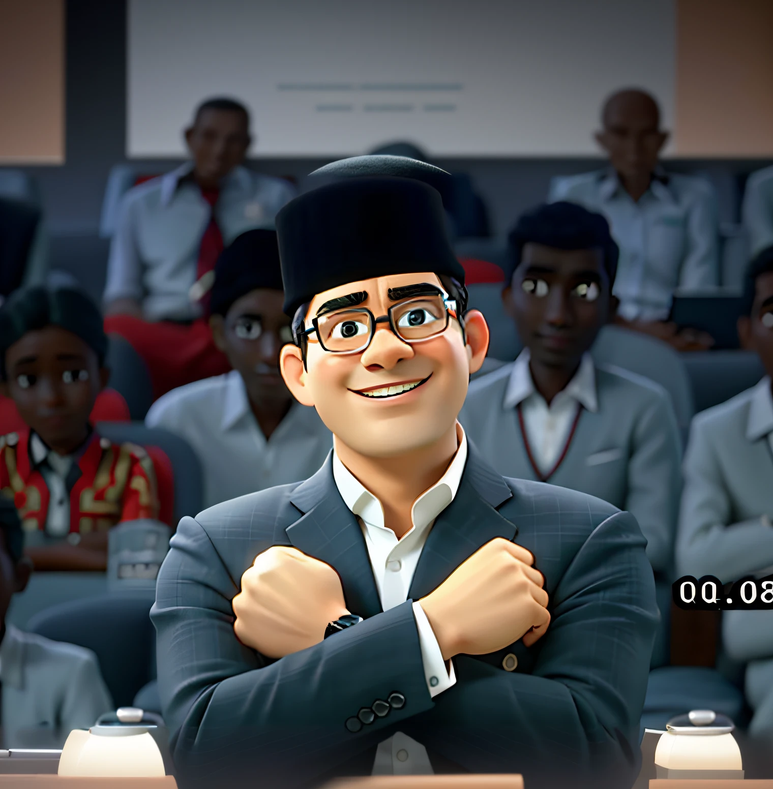 there is a man in a suit and glasses standing in front of a crowd, animated film, 3 d animated movie, inspired by Rudy Siswanto, animated movie, ismail, animated movie still, movie promotional image, film still from an cartoon, academy headmaster, cartoon still, mohamed chahin, animation film, raden saleh, as a pixar character