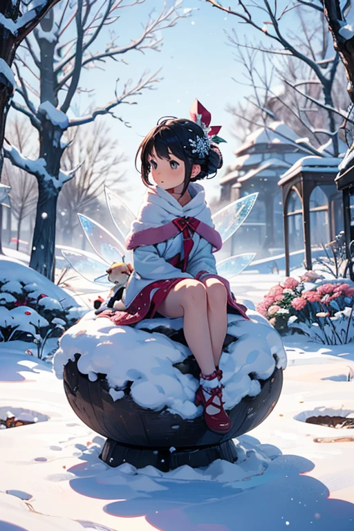 depict a whimsical and enchanting scene of a cute little fairy ((sitting on a snowflake)) gently falling down in the sky, garden in background