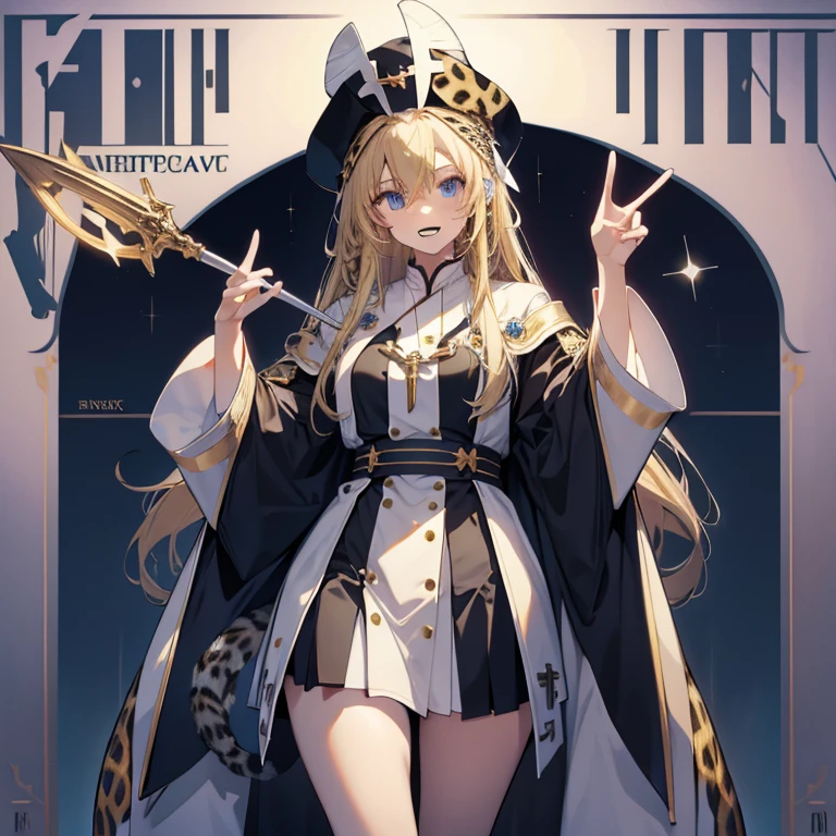 from side, cinematic lighting, 8K, masterpiece, 1 girl, (tail: leopard), blonde hair, long hair, blue eyes, (white priest clothes:1.2), tall hat, holding wand, standing, open mouth, smile, hand sign, look at viewer, magazine cover style