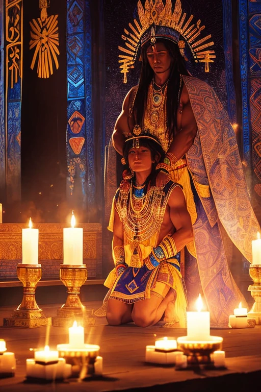 "Describe a mystical and sacred scene where a black Orixá, enveloped in divine energy, is consecrating a medium. The atmosphere is charged with spirituality, with the presence of the Orixá radiating power and divine presence. The medium, kneeling in reverence, receives the blessing of the Orixá in a solemn ritual. The magical light of the ceremony illuminates the space, highlighting the spiritual connection between the Orixá and the medium. Sacred symbols and ritual elements enrich the scene, creating a fascinating vision of a union between the divine and the earthly, where celestial energy merges with human presence for sacred purposes."