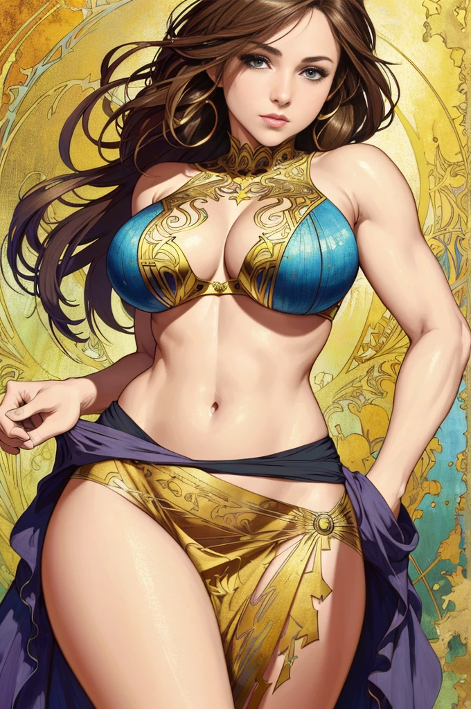 (best quality,4k,highres:1.4),realistic,Alphonse Mucha inspired (masterpiece:1.4) artwork with abstract realism. Kristen Kruek, wearing a torn Spider-Man suit, revealing her belly button, in the streets of New York. She is wearing a skirt, with the intricate details of the fabric visible. The painting showcases vibrant colors with color splashes, and fine line art. The lighting emphasizes the details of the artwork, creating a visually stunning effect.
