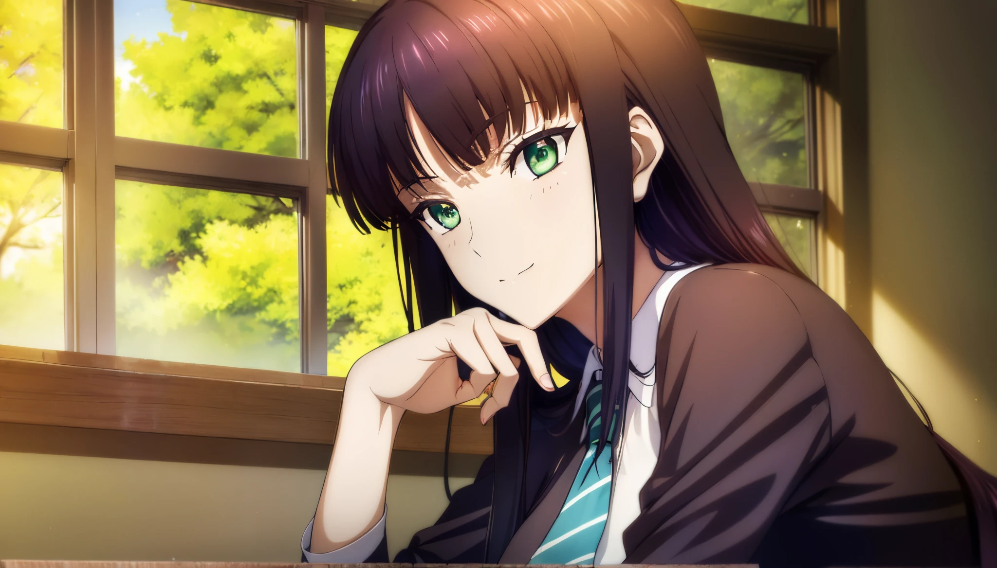 beautiful anime high school girl,Seductive Anime Girl, anime visual of a young woman, Anime Best Girl, anime girl with long hair and green eyes,, Seductive Anime Girl, UHD,hiquality,Connect ticker and 8K, hight resolution,Very detailed CG, High quality shadows, Detail Beautiful delicate face, Detail Beautiful delicate eyes,BREAK(Highly detailed 8k wallpapers),(Highly detailed CG 8K wallpaper),Makima (chain saw man),Sukasaha (Fate/grand order),Shimohira Reihua ,Hi-Res,Very delicate and beautiful CG illustration,top-quality,beautiful thigh,big breasts thin waist,(((masutepiece))), (((Best Quality))),8K,32K,​masterpiece,beautiful alluring anime woman,ultra-definition,ultra-detailliert,hight resolution,a hyperrealistic schoolgirl,masuter piece, Best Quality, High quality, High Definition, high quality texture, high quality shadow, high detailing,finely detail,A teenage girl,1girl in,High ,Solo,Soio,Only one person,Alone,One Person,taki,Mature atmosphere,Leg length,neat and long legs,8 Head Body,stature:171cm,Mature girls,Reddish-purple hair,Reddish-purple hair,Purple hair,cassis colored hair,silky and smooth hair,Colorful hair,Straight hair,Smile,Cool Beauty,Beautuful Women,Neat face, Beautiful realism,Seductive look,Bewitching look,serene expressions,beautiful hairl,She wears a necklace around her neck,Necklace,bead necklace,magatama accessories,A slight smil,Colorful eyes,green colored eyes,Jade-colored eyes,beautidful eyes,Bright eye,Delicat eyes,Eyes Like Gems,Jade Eyes,Hanging eyes,(Green eyes:1.5),Seductive face,Watching the viewer,Model photo,simple background,Black hair, longeyelashes, lightsmile, Reddish-purple hair, cassis colored hair, Hairpin, lightsmile, Seductive smile, Jade-colored eyes, PUPILS SPARKLING, Hanging eyes, multicolored eyes, anime style, Hyperrealism, Realism, anime, 8k, super detail, ccurate, best quality, 16k, anatomically correct, ccurate, UHD, 16k, highres, best quality,　((White collared shirt)),Button shirt,neck tie,Red tie,校服,High school students,blazers,School Sweater,Dark grey sweater,plaid skirts,Hands folded behind your back,is standing,elegant look,during daytime,Sunlight,school buildings,hallway,is standing,Leaning against the wall,Put your hands behind your back,early evening,Sunset outside the window,After school,Watching the viewer,‎Classroom,school building school,after school