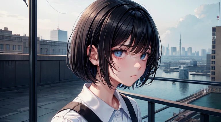 1 girl, blank eyes, sharp black eyes, medium short hair, black hair, grade school uniform, sneakers, highly detailed eyes, high quality eyes, best quality, looking up, rooftop, pretty eyes, (masterpiece), wallpaper, raining, depressed look, sorrow atmosphere.