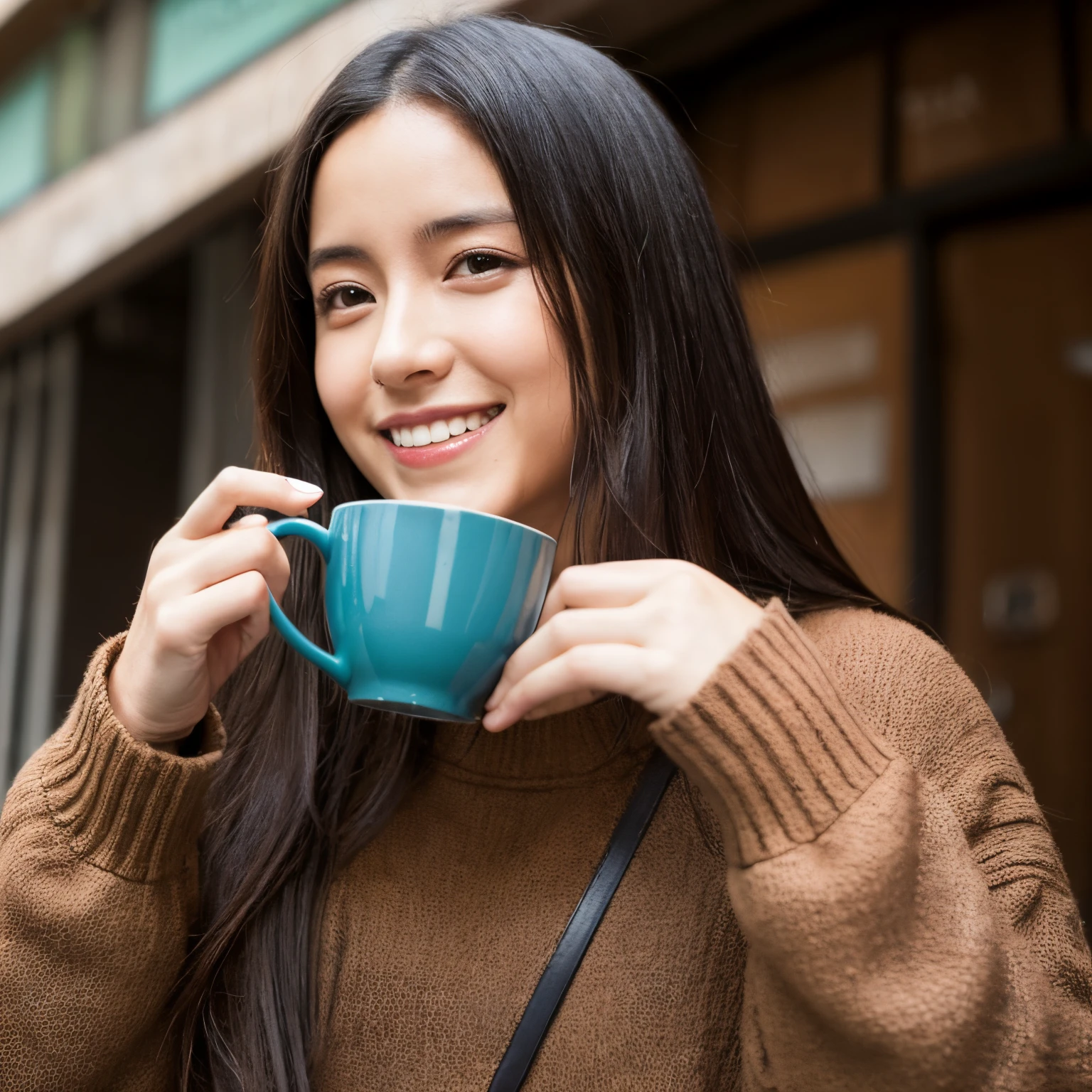 Linda mujer envuelta en una manta esponjosa、((25-years old))、Japoneses、sentado en、1 chica en、Japanese narrow studio、Hold a ceramic coffee cup with both hands.、the viewer is looking down.、una imagen、35mmfilmg、Cara somnolienta、A little smile、pelo largo、cabello ondulado、cabello despeinado、Arreglar