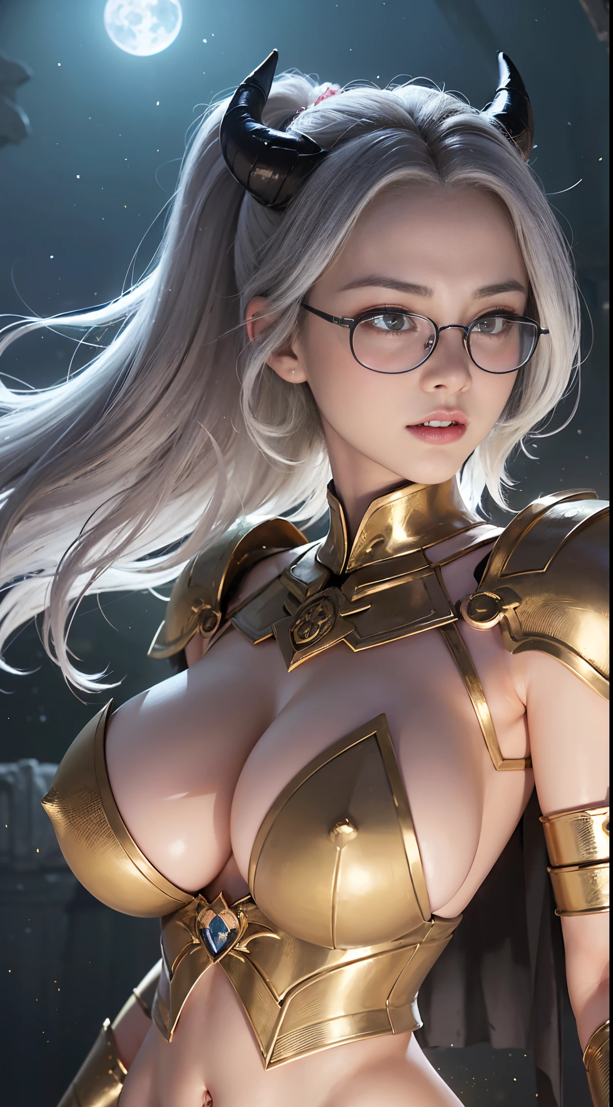 Fine、(The best illustrations)、8k UHD resolution、intricate-detail、top-quality、realisitic、ultra-detailliert、The best lighting、Best Shadows、Soft lighting、Ulutra HD、Ultra-realistic、Tindall Effect、Photorealsitic、(High Detail Skins:1.2)、 (Intricate details, makeup, pureerosface_v1:0.5), (Detailed beautiful delicate face, Detailed beautiful delicate eyes, A perfectly proportioned face, High detailed skin, Detailed skin, best ratio four finger and one thumb, arms below breasts, Tattoo with a red glow under the stomach、Awesome awesome, wide hips, smooth midriff, skiny and thin, __Fashion__, __hair__:1.25)、Digital SLR、 absurd realistic work: 1.3), (max resolution: 1.2), (Ultra HDTV: 1.2), cinematric light, Detailed eyes and skin, detailed facial features, , (Sharp Focus: 1.2), (Focus on Face:1.2),Perfect Style, Beautiful face, acurate, Anatomically correct, Highly detailed face and skin texture, Detailed eyes, Double eyelids, Thin eyebrows, Glitter Eyeliner: 1 Natural cheeks, Glossy skin, Fair skin: 1.2, (Glossy lips: 1.4),(Shy look: 1.2),Highly detailed facial and skin texture, Detailed eyes, Double eyelids, Natural cheeks, shiny lips: 1.4,Exposed cleavage、Bewitching。a 、Seductive、Chest emphasis、((((Huge glasses, Otaku Glasses, thick glasses, Round glasses)))),The long-haired、Braid hair、Ponytail distortion、, Ponytail with a bow tied at the back of the hair, huge solemn expression、Body Up、Big breasts emphasis, Super tight breasts, Breast augmentation surgery, The breasts are very big and round and round,Toned waist、 Meet beautiful girls, Look at the girl's body, In the Dark、Bat Wings,(((Demon Horns)))、(Devil's Tail)、(Detailed spooky backgrounds:0.8)、demon girls,wear armor made of skeletons,Top a pair of demon corners,Long grey hair,Beautiful and delicate skull decoration and fluorescent green magic sword that shines red,emits eerie demonic flames,The light from the back window was backlit......................................,Contour light,green flash particles,translucent magic sword,waist guard, hand guards, veils, Holding a Long Sword in front of Body, Ancient Chinese style, Short Sword at the Waist Attacking Posture, arrows flying, war, Night, dramatic compositions, Sword qi surrounding, Super detailed goddess of war, (Dynamic Posture: 1.3), Thick armor reveals the heart of the conflict, (Fine detail), radiant light, Powerful light area, (armor of historical importance:1.2), glittering metal armor, (Magic symbols shine on armor:1.3), (Magical magic swirled around her:1.3), Long white hair waving in the wind in every detail, Detailed weapon holding, (Sharp sword, Radiant:1.3), ((Silver armor)), (intense expression:1.1), (Its light is、Highlighting her dominance and rebirth behind the scenes:1.4), (Wisdom and Rebirth:1.2), (Strong stance:1.2), (Overwhelming mystical power:1.2), (Sparkling sweat:1.1), armor decorated with jewels, (The contrast between silver and gold:1.3),wear armor made of skeletons、disaster々Pedras preciosas、disaster々wear new armor、There was a woman in armor with a sword and helmet.........., Female Riders, female knight portrait, cute female knight,disaster々Beautiful knight, Portrait of a female paladin, girl in knight armor, Female knight wearing skeleton armor, Impressive armor, female paladin, paladin female fantasy, Gorgeous Female Paladin,Red Eyes, Vampire tooth fangs, Boolean surface, Blood from the mouth, Smirk,Bat Wings, Scary smile, Psychopath smile, Psychopath smile, Scary, Oral Opem, Angry eyes, Vampire, Dark sky background, Red + Blue + Green, Shining red moon