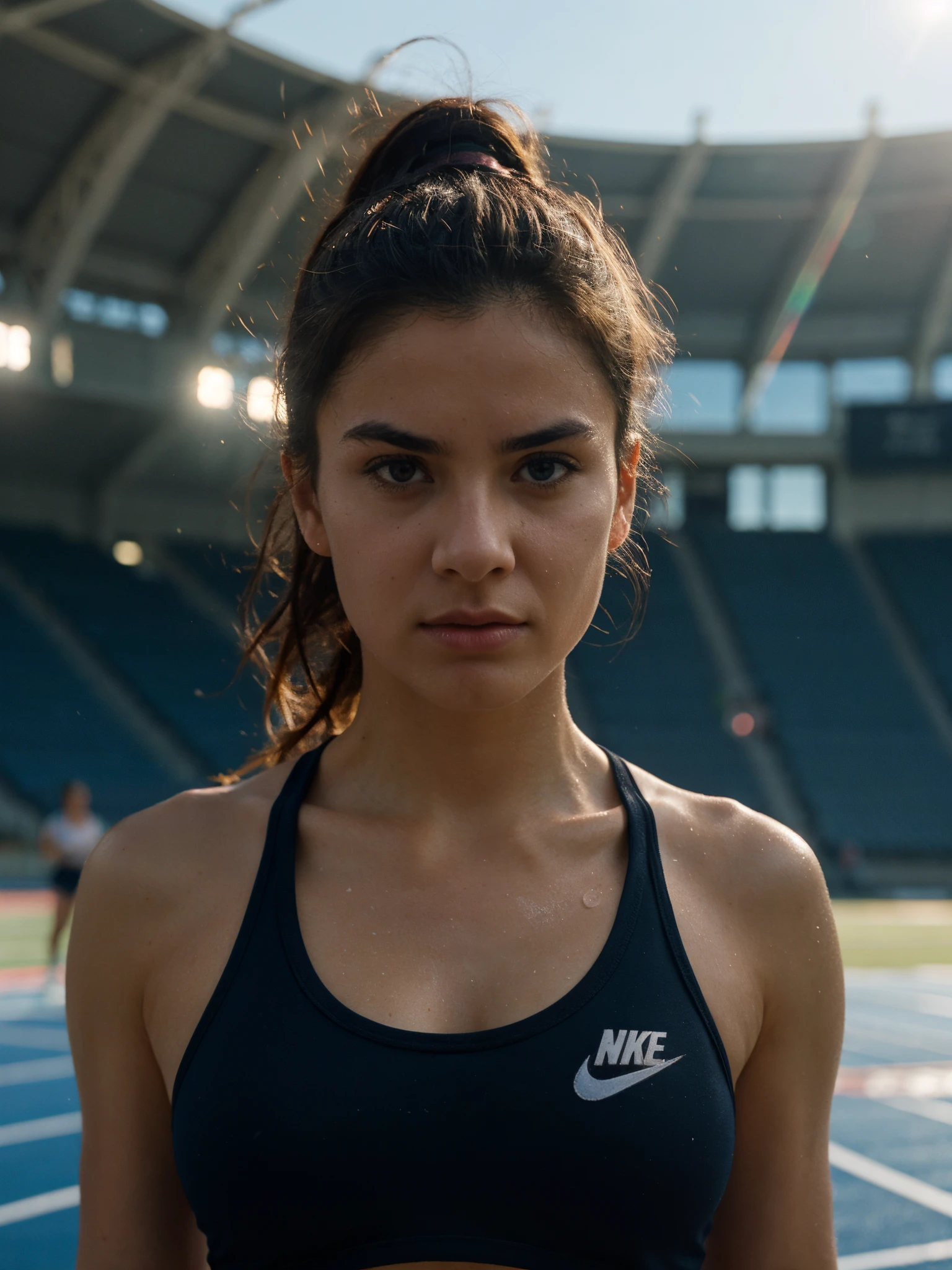 portrait, (close up:1.1), face, sweat, beautiful mature college girl, angry, ((athletic sports:1.2)), athletic sports wear, in stadium, track, outside on track field, anamorphic lens flare, photorealistic, cinematic lighting, dark atmosphere, volumetric lighting, action pose, epic scene, nike advertising, (nike logo), just do it campaign
