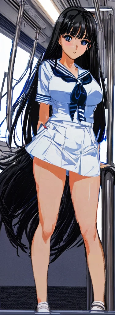 A beautiful woman with long black hair, big breasts, and beautiful legs is wearing a sailor suit with a white miniskirt, boldly showing light blue and blue striped panties, and standing with her legs spread wide as she looks at a middle-aged office worker on the train.。