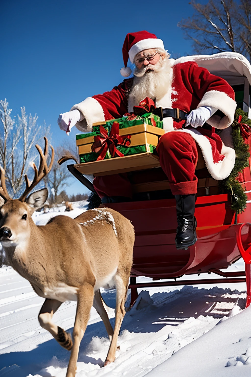 Santa Claus sits in a sleigh,Deer pulls to deliver gifts