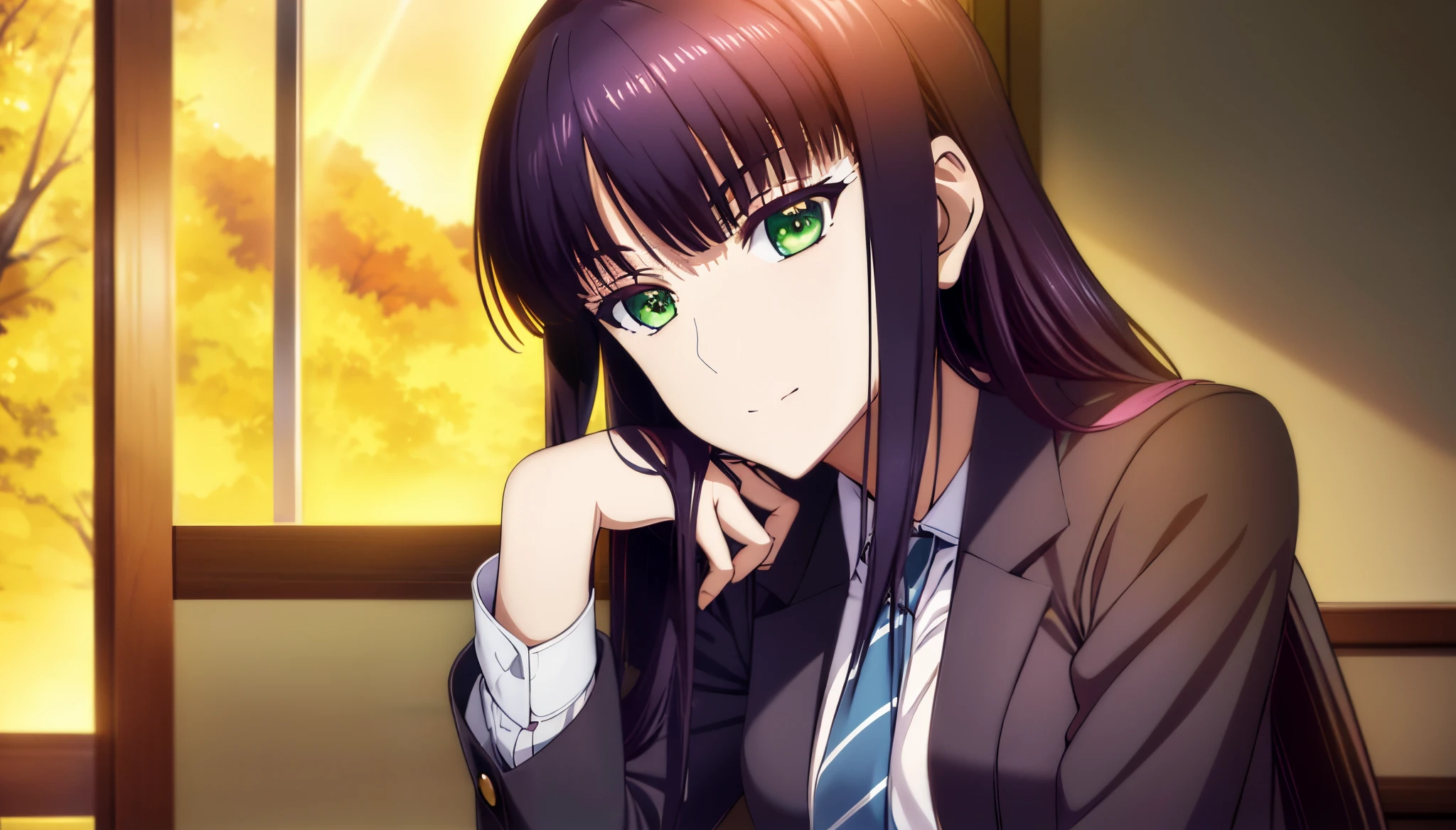 beautiful anime high school girl,Seductive anime dick girl, anime visual of a young woman, Anime Best Girl, anime girl with long hair and green eyes,, Seductive anime dick girl, nffsw,hiquality,Connect ticker and 8K, hight resolution,Very detailed CG, High quality shadows, Detail Beautiful delicate face, Detail Beautiful delicate eyes,BREAK(Wallpapers with highly detailed 8K),(Highly detailed CG 8K wallpaper),Makima (chain saw man),Sukasaha (Fate/grand order),Shimohira Reihua ,Hi-Res,Very delicate and beautiful CG illustration,top-quality,beautiful thigh,big breasts thin waist,(((masutepiece))), (((Best Quality))),8K,32K,masterpiece,beautiful alluring anime woman,ultra-definition,ultra-detailliert,hight resolution,a hyperrealistic schoolgirl,masuter piece, Best Quality, High quality, High Definition, high quality texture, high quality shadow, high detailing,finely detail,A teenage girl,1girl in,High ,Solo,Soio,Only one person,Alone,One Person,taki,Mature atmosphere,Leg length,neat and long legs,8 Head Body,stature:171cm,Mature girls,Reddish-purple hair,Reddish-purple hair,Purple hair,cassis colored hair,silky and smooth hair,Colorful hair,Straight hair,Smile,Cool Beauty,Beautuful Women,Neat face, Beautiful realism,Seductive look,Bewitching look,serene expressions,beautiful hairl,She wears a necklace around her neck,Necklace,bead necklace,magatama accessories,A slight smil,Colorful eyes,green colored eyes,Jade-colored eyes,beautidful eyes,Bright eye,Delicat eyes,Eyes Like Gems,Jade Eyes,Hanging eyes,(Green eyes:1.5),Seductive face,Watching the viewer,Model photo,simple background,Black hair, longeyelashes, lightsmile, Reddish-purple hair, cassis colored hair, Hairpin, lightsmile, Seductive smile, Jade-colored eyes, PUPILS SPARKLING, Hanging eyes, multicolored eyes, Anime style, Hyper-Realism, Realism, Anime, 8K, Super Detail, ccurate, Best Quality, 16 K, Anatomically correct, ccurate, nffsw, 16 K, hight resolution, Best Quality, ((White collared shirt)),Button shirt,neck tie,Red tie,校服,High school students,blazers,School Sweater,Dark grey sweater,plaid skirts,Hands folded behind your back,is standing,elegant look,during daytime,Sunlight,school buildings,hallway,is standing,Leaning against the wall,Put your hands behind your back,early evening,Sunset outside the window,After school,Watching the viewer,Classroom,school building school,After school