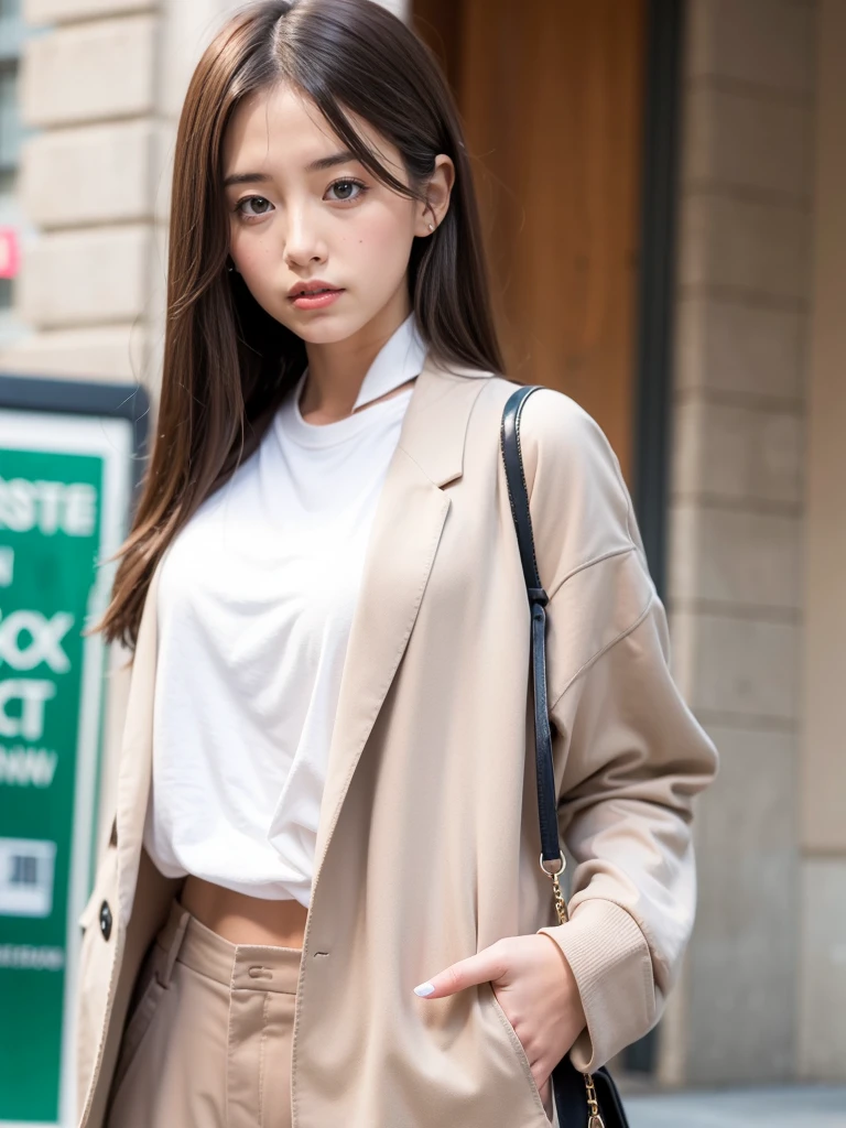 mix4, (RAW photogr),(Best quality at best), (realisticlying),( white backgrounid:1.2), ,,one-girl, The upper part of the body, Highly detailed face, deadpan,[Brown black hair], XT3, beiges、Camel、High-waisted pants in a neutral color like silver or blue, Pair with a silk shirt and structured blazer, Create a sophisticated and powerful look,