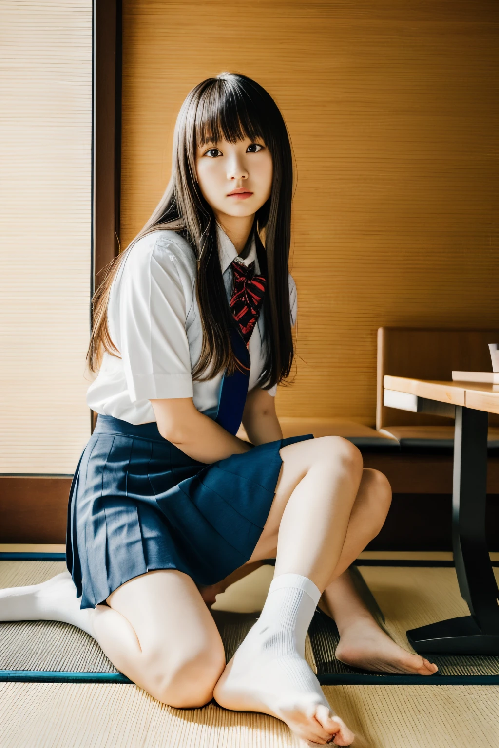 1 girl, blonde, bangs with on-eyebrows, white panties, thin legs, sitting on tatami mats in a private room of a long-established restaurant in Kyoto, legs spread, perfect anatomy, depth of field, 8K, highest quality, super high resolution, beautiful face in detail, realistic human skin, front view, angle from below, realistic, (photorealistic: 1.4), cute, short skirt, cute schoolgirl, Japan schoolgirl wearing uniform, full body, mental stillness, transcendental tranquility, Absurdres, hdr, highly detailed face, RAW photo, film grain, deviantart trend, movie scene, natural light