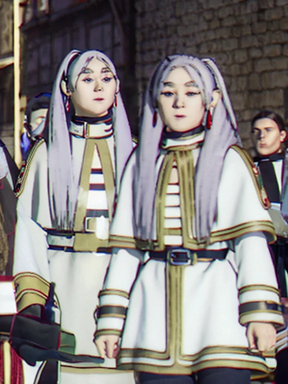 nffsw, Twin-tailed, 1girl in, pointy ear, Round face,White hair, Green eyes, elf, pantyhose, Long hair, earrings, Black pantyhose, white capelet, Long sleeves, Dress,Anime girl wearing a skirt and boots and carrying a large leather attaché case walking through the streets of medieval Europe, ighly detailed