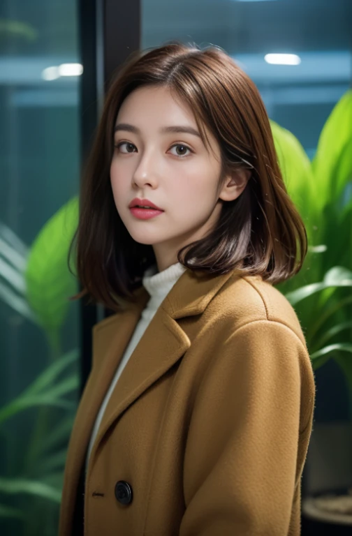 1girl in, In the aquarium,tree, Brown eyes,Brown hair, coat, 耳环, Woolen coat,Gray coat,Knee-length skirt,red and green tartan skirt,jewely, s lips, Shorthair, from a little distance,Lots of aquariums, Alone, looking at the aquarium, Winters,Slender body type,Eyes,Point your chest at the camera、Put your ears out、The face of the golden ratio、The body of the golden ratio、top-quality、The ultra -The high-definition、bangss,A little further away,full bodyesbian,long boots
