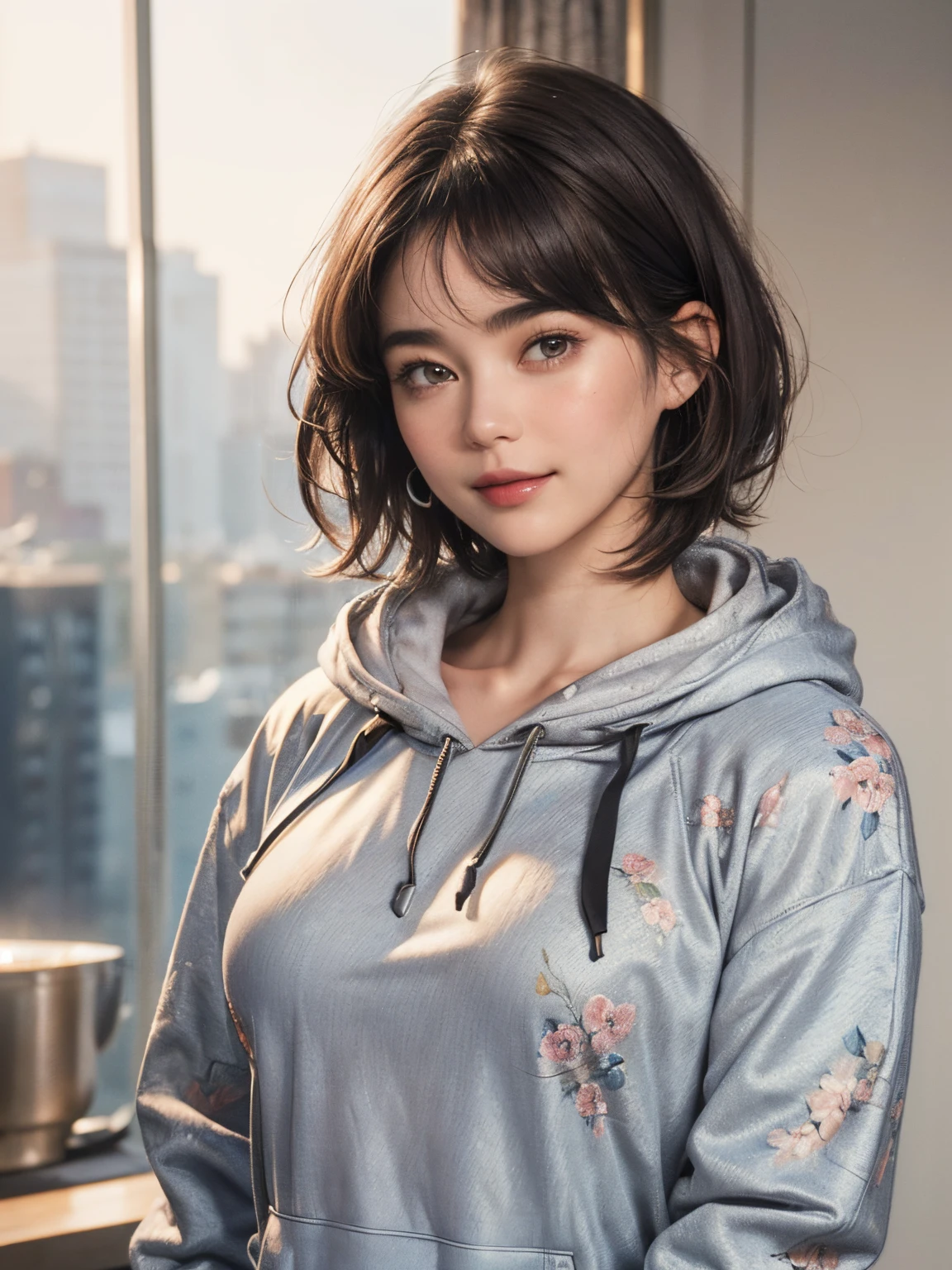 133
(a 20 yo woman,Wearing sportswear), (A hyper-realistic), (high-level image quality), ((beautiful hairstyle 46)), ((short-hair:1.46)), (Gentle smile), (brest:1.46), (lipsticks), (florals), (darkened room), (florals), (wearing hoodies)