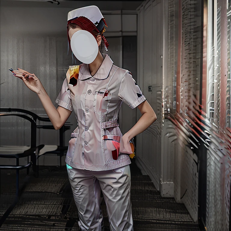 1woman, nurse outfit, creepy face, large open jaw, large sharp teeth, bloody teeth, gaping jaw, empty eye sockets, yellow eyes, long fingers, bloody nails, red hair, holding a large syringe filled with blood, standing in hospital hallway, full-body view, gloomy dim atmosphere, looking at viewer, fluorescent lights, bloody clothes, reptilian eyes, disheveled hair