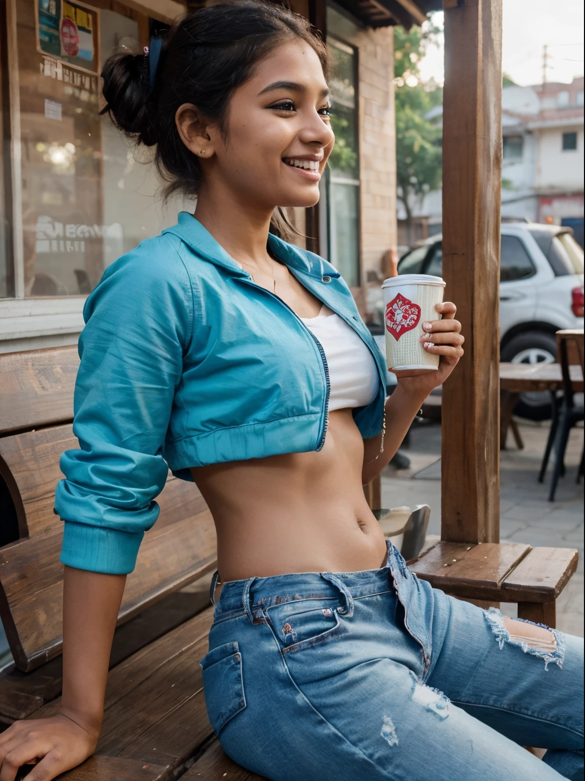 1 cute very happy young indian girl sitting on a wooden bench drinking hot chai from a paper cup, cute laugh, candid photo, height 160 centimetres, petite build, fair skin, average hair length of 60 centimetres, photorealistic, detailed eyes, highly detailed, 8k, blue bomber jacket over white crop top, blue jeans, messy bun hair, photo taken from the side, indian market background