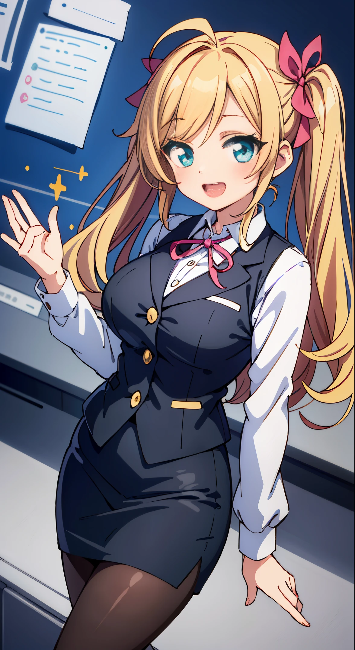 (masutepiece, Best Quality, Perfect Anatomy, High quality:1.4), absurderes, absolutely resolution, unbelievable Ridiculous, hight resolution, ultra-detailliert, Official art, Unity 8k壁纸, Kinetic typography,nice hand, Perfect hands, Detailed beautiful hands, Large_filesize, fulcolor, hight resolution, symmetric, exceptional, Best aesthetic, newest, Anime, very beautiful detailed body,The hair,faces,The eye, BREAK, 1 beautiful girl, girl with, (Cute:1.5),(Chibi:0.5),(kawaii:2.0),(Lori:2.0),(12 year old girl),(large full breasts:1.65),(Ahoge,Twin braids,Blonde hair, blue bow, Green eyes,eyebrows visible through hair,side locks,Parted bangs,Long hair, Hair Flower, Hair Ornament, Big ribbon in the hair, Curly hair,Bow:1.4),:el,White feathers, one white winged, Angel wings,Spread wings, Glowing wings),pitt \(??? Icarus\),gleaming skin, Clear skin, shining beautiful skin, Open mouth,Smile, Solo, tusk, Upper teeth,(long eyelashes, Double eyelids:1.2),Solo,gleaming skin, Clear skin, Beautiful skin,(best quality face),(Top quality glowing eyes),(The best smile,Doya face:1.45), 

BREAK is the elegance of a traditional English mansion butler,
equipping, Tailored blazer in classic neutral tones,
High-waisted trousers with straight or wide-leg cut,
A crisp white button-up shirt for a timeless look.,
Polished oxford shoes for a sophisticated touch,
classic black bow tie for formal men&#39;s clothing.,
Leather gloves and vintage watches as accessories.
Sleek bun or low ponytail for a sophisticated hairstyle,
Minimal makeup that emphasizes defined eyebrows,
Create a sophisticated atmosphere with subtle pearl or stud earrings,


BREAK ,(Office, desk work, whiteboard, sofa, buildings from window,Makuhoku Computer,
(upward looking gaze :1.2) ,
Looking Up ,
From  above ,depth of fields,

 BREAK,wakame,wakame,wakame,(Cowboy Shot:1.4), 

BREAK,(Blurry background:1.3),(absurderes, hight resolution, Super Detail Art),cel shading,Clear Color, Lonely optical effect, Beautiful pictures, Bright glow, mystic atmosphere,(Close-up of girl:1.1), Mystical light particle effect,manga influence, clean line drawings,
