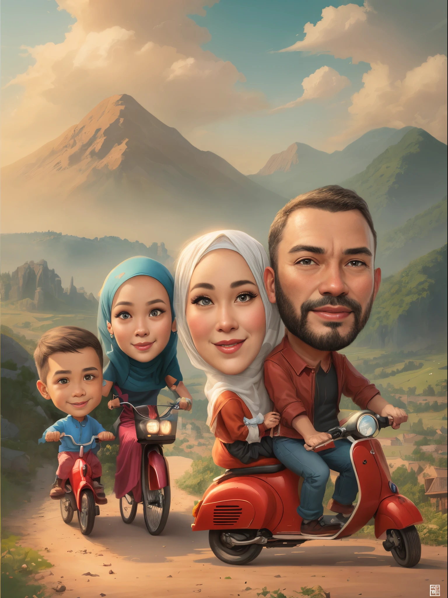 a cartoon of a family riding with Father mother and daughter and younger brother inside, mother wearing hijab, Mother's father rides a scooter, the child behind him rides a bicycle, My father has a small vertical beard straight below his mouth,Background behind beautiful mountains and sky, caricature illustration, caricature style, an indonesian family portrait, cartoon artstyle, in cartoon style, cartoon art, digital art cartoon, cartoon digital painting, cartoon digital art, cartoon painting, digital cartoon painting art, cartoon portrait, potrait, caricature, by Abidin Dino