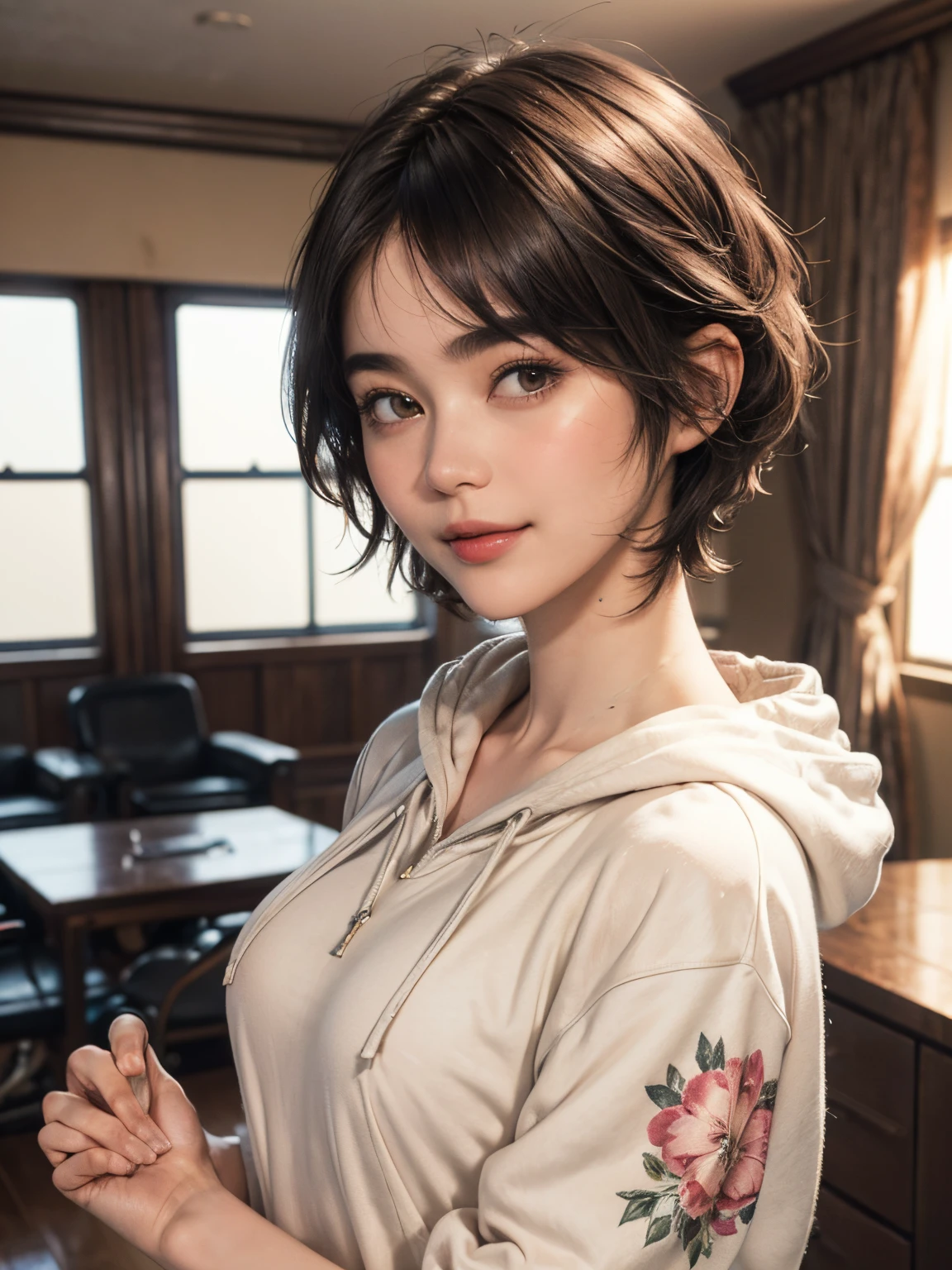 132
(a 20 yo woman,Wearing sportswear), (A hyper-realistic), (high-level image quality), ((beautiful hairstyle 46)), ((short-hair:1.46)), (Gentle smile), (breasted:1.46), (lipsticks), (Large room), (florals), (wearing hoodies)